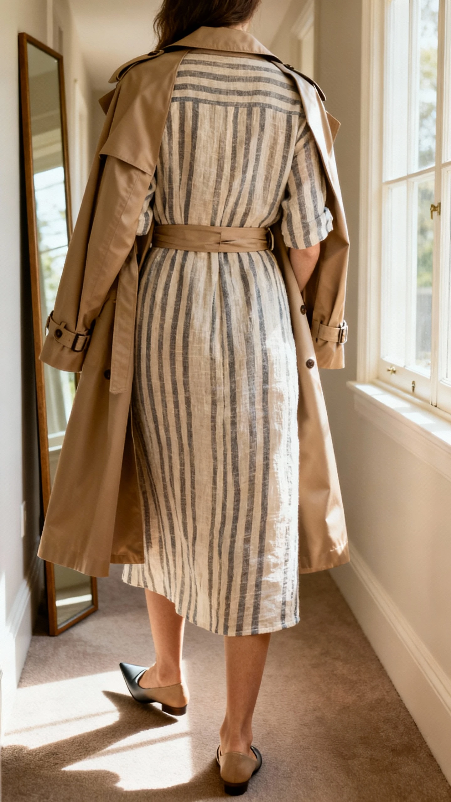 iPhone back-view photo of a woman wearing a linen-blend striped dress with pointed flats and a sleek belted trench, face not visible, hallway full-length mirror, natural window light, iPhone photo quality.