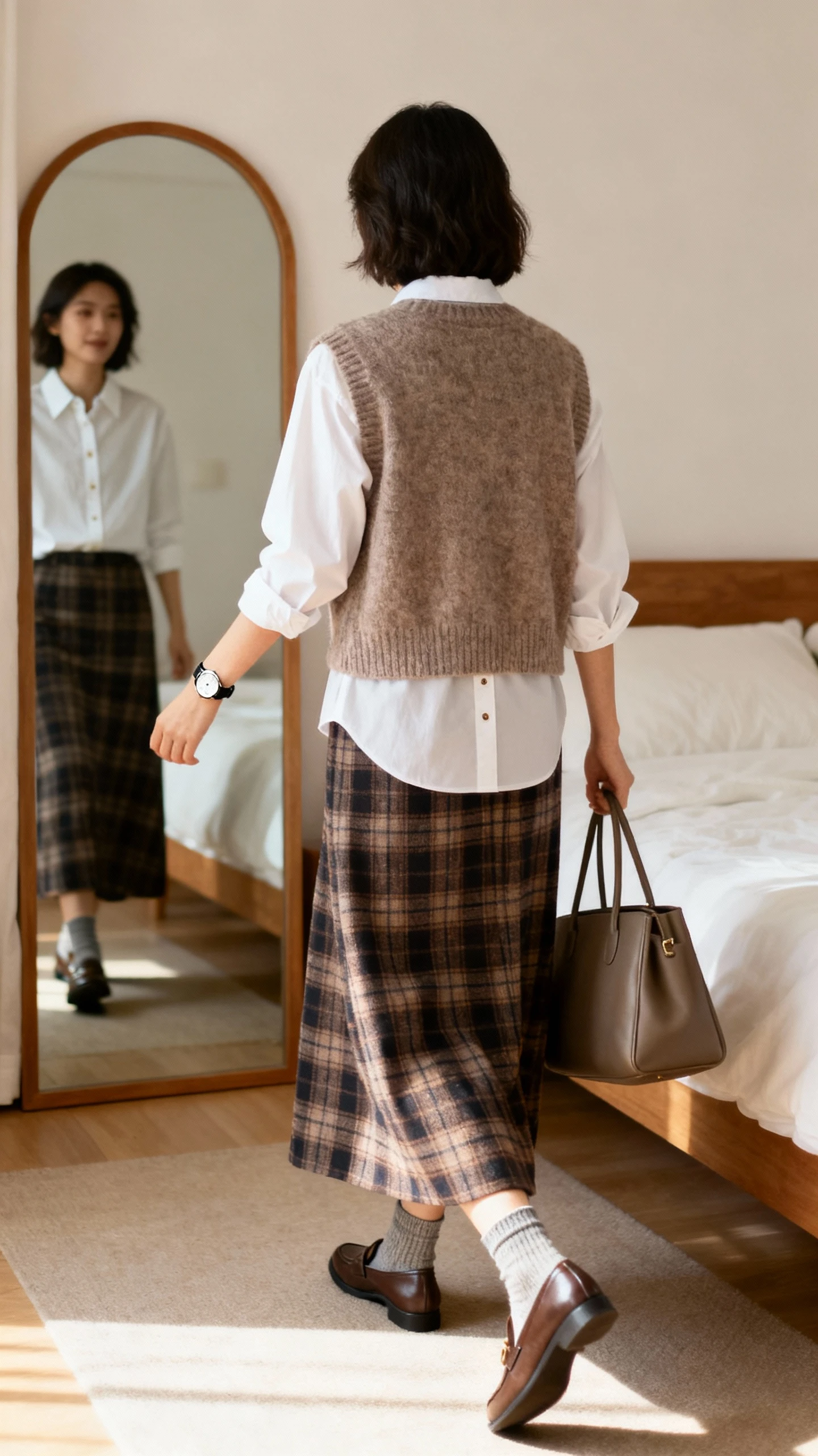 iPhone back-view photo of a woman wearing a plaid maxi skirt, cozy knit vest layered over a crisp white button-up shirt, loafers with socks, structured tote, subtle watch, face not visible, walking pose toward a bedroom mirror, soft morning light, iPhone photo quality.