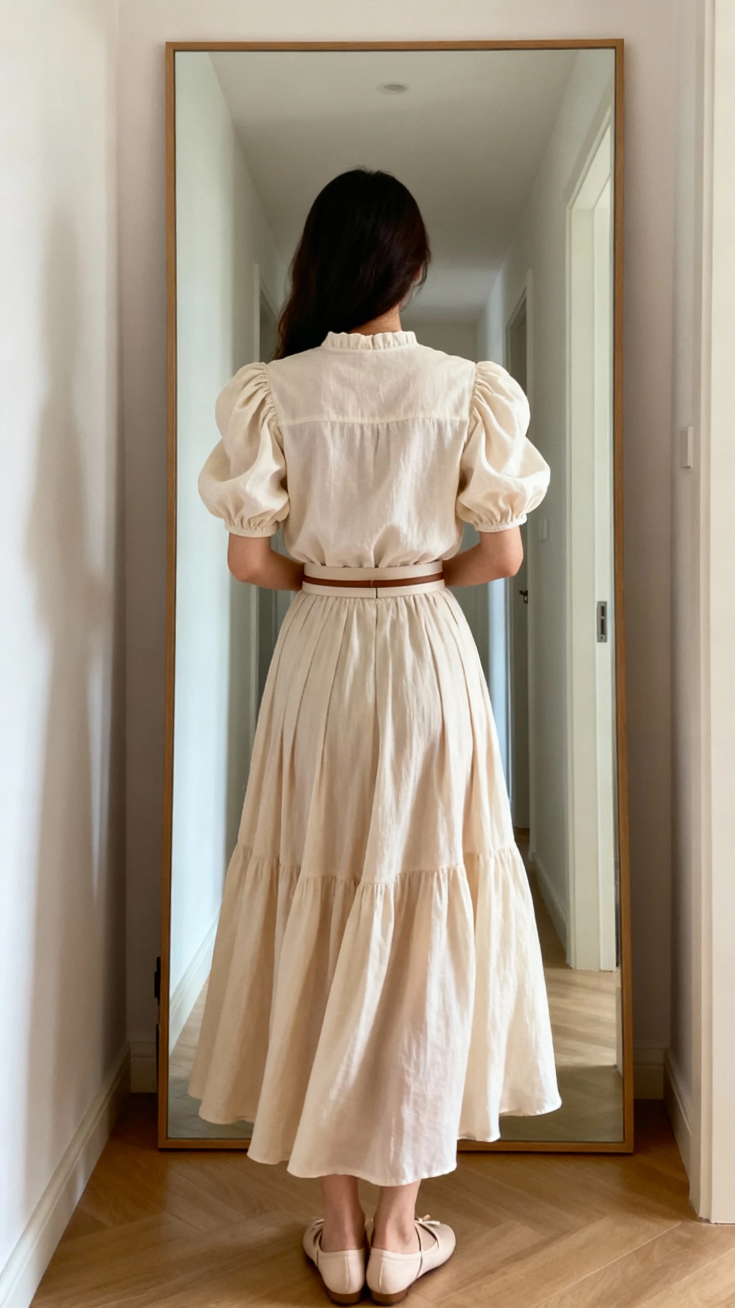 iPhone back-view photo of a woman wearing a romantic puff-sleeve blouse with a swishy maxi skirt, slim waist belt, and ballet flats, face not visible, hallway full-length mirror, soft daylight, iPhone photo quality.