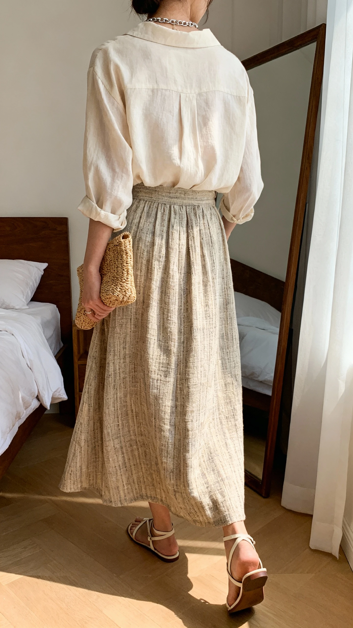 iPhone back-view photo of a woman wearing a soft blouse tucked into a linen-blend woven maxi skirt, delicate chain necklace, strappy flat sandals, and a raffia clutch; face not visible, walking pose near a bedroom mirror, gentle afternoon window light, iPhone photo quality.