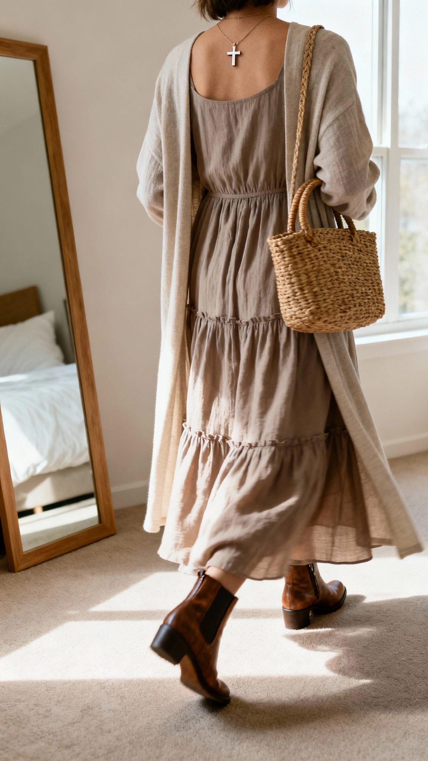iPhone back-view photo of a woman wearing a tiered maxi dress with long sleeves, a lightweight longline cardigan, low-heel Chelsea boots, a small cross charm necklace, and a woven top-handle bag; face not visible, walking pose near bedroom mirror, morning window light, iPhone photo quality.