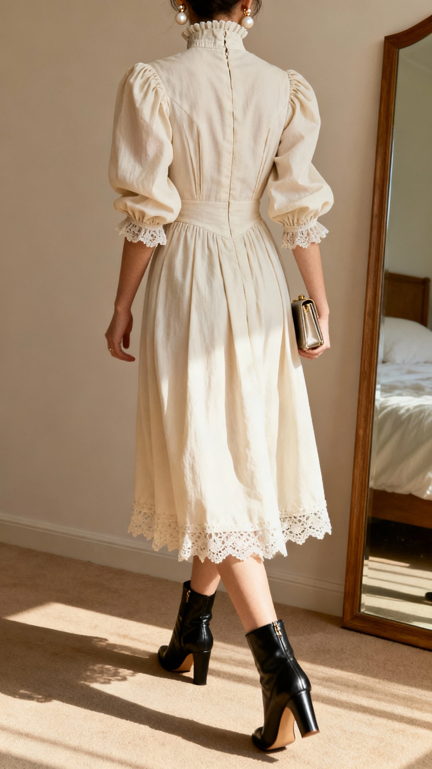 iPhone back-view photo of a woman wearing a Victorian-inspired high-neck dress with subtle puff sleeves and lace trim, heeled ankle boots, pearl earrings, and a small clutch; face not visible, walking pose near a bedroom mirror, warm indoor lighting, iPhone photo quality.