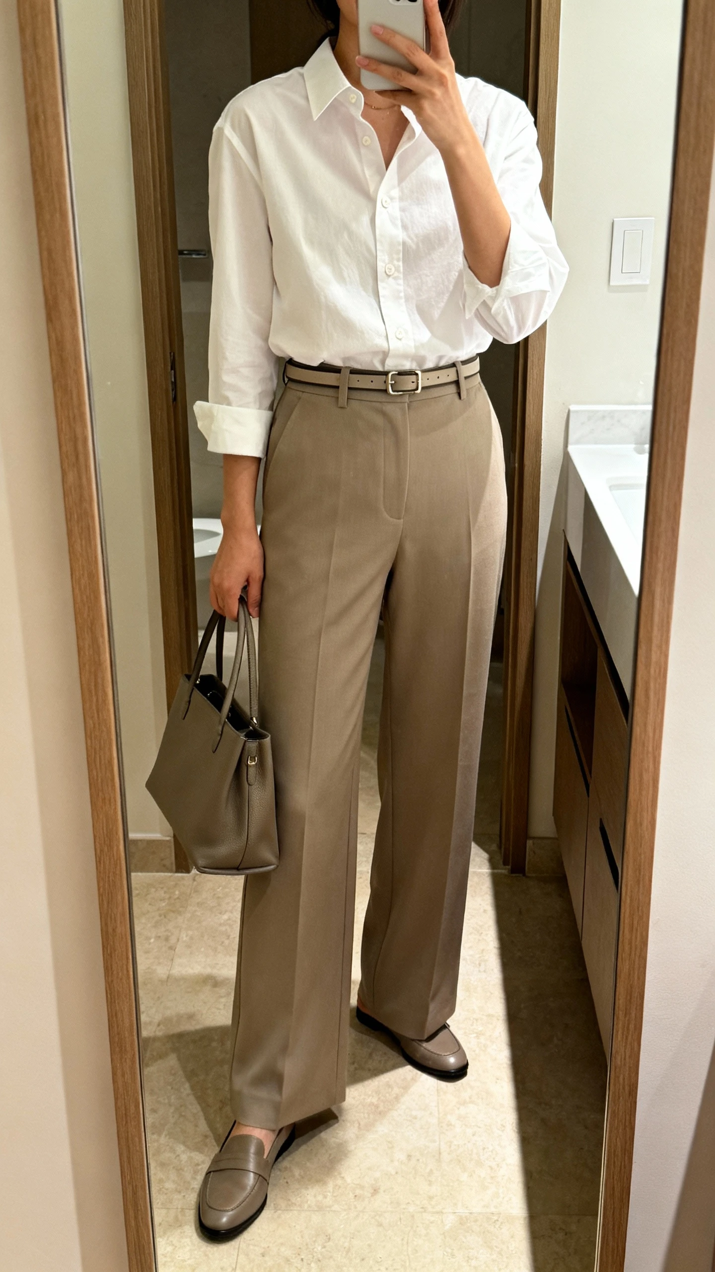 iPhone mirror selfie of a woman in a crisp white button-up shirt with wide-leg tailored trousers, slim belt, loafers, and a structured tote, face not visible, bathroom full-length mirror, indoor natural light, iPhone photo quality.
