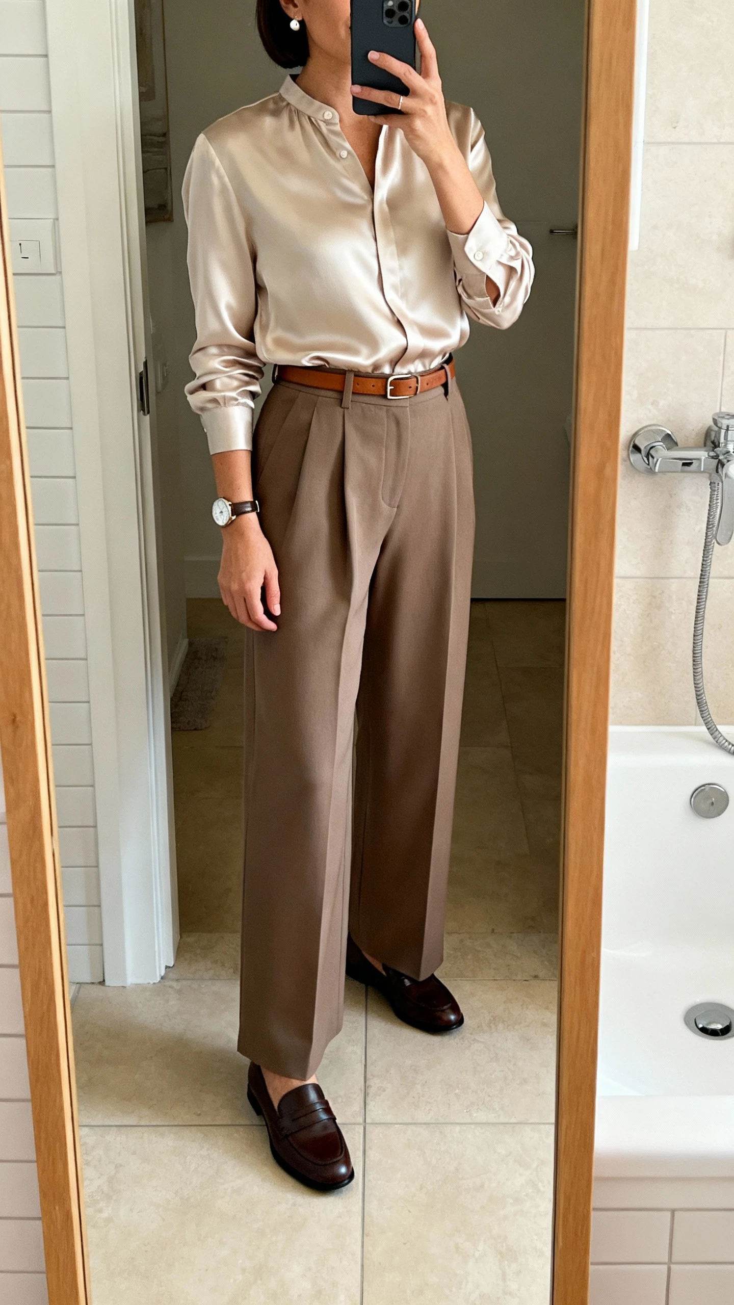 iPhone mirror selfie of a woman in a silky tucked-in blouse with long sleeves and high-waisted wide-leg trousers, classic loafers, slim leather belt, simple stud earrings, wristwatch, face not visible, bathroom full-length mirror, indoor natural lighting, iPhone photo quality