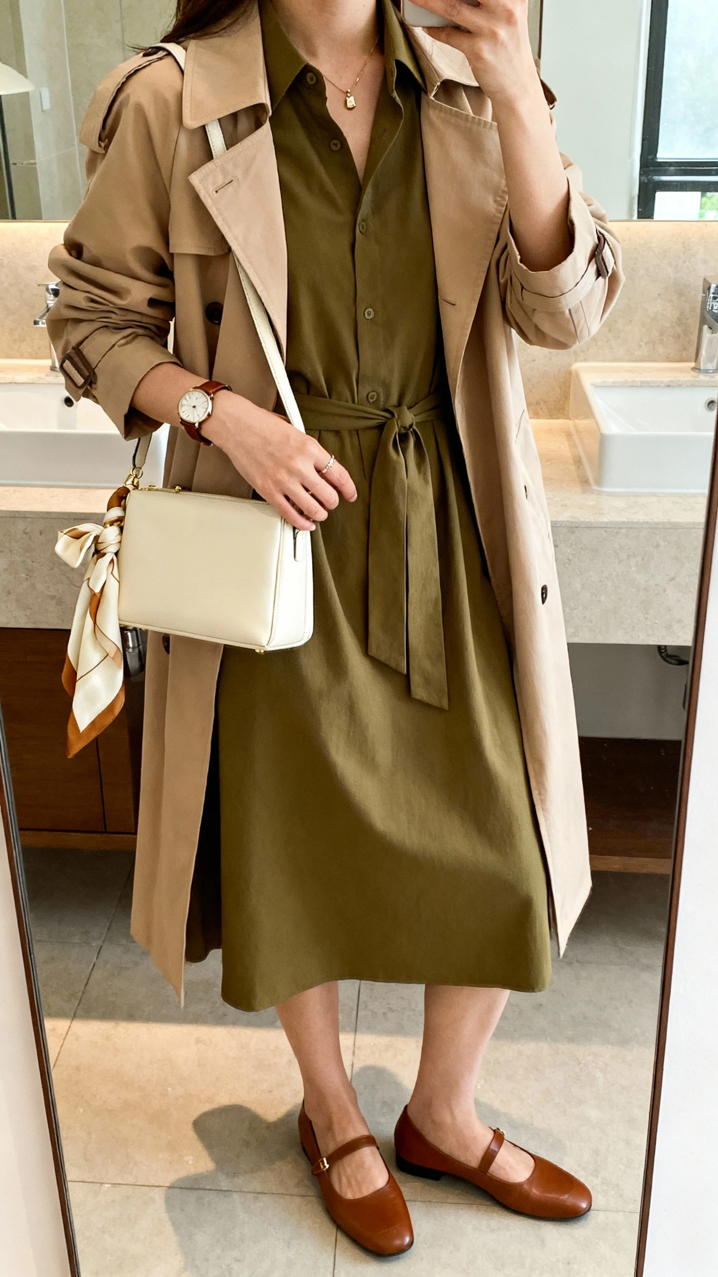 iPhone mirror selfie of a woman in a solid olive midi shirt dress with a waist tie, a light tan trench, classic brown leather flats, a structured cream shoulder bag, a subtle watch with a leather strap and a small pendant, with an optional cream-and-tan silk scarf tied to the bag; face not visible, cropped at shoulders, bathroom mirror, soft indoor lighting, iPhone photo quality.