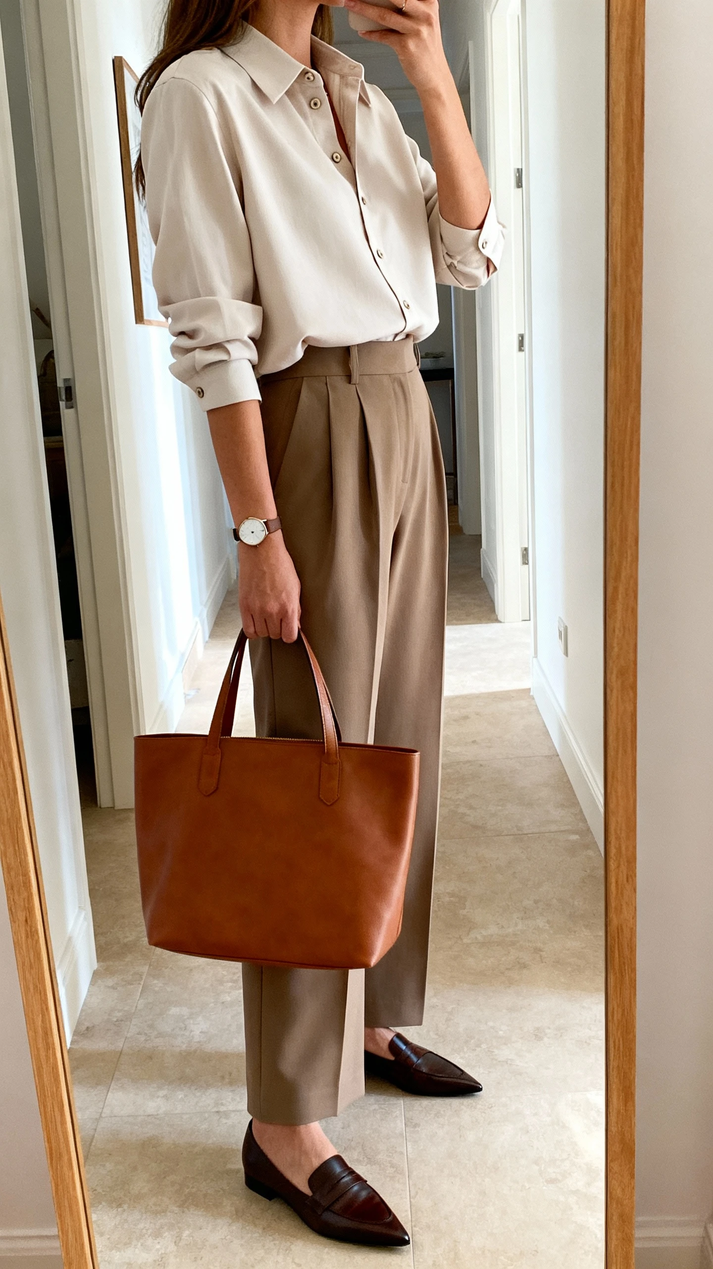 iPhone mirror selfie of a woman in a tailored button-up blouse with wide-leg trousers, pointed-toe loafers, a minimalist watch, and a leather tote, face not visible, side angle in a hallway full-length mirror, morning indoor light, iPhone photo quality.