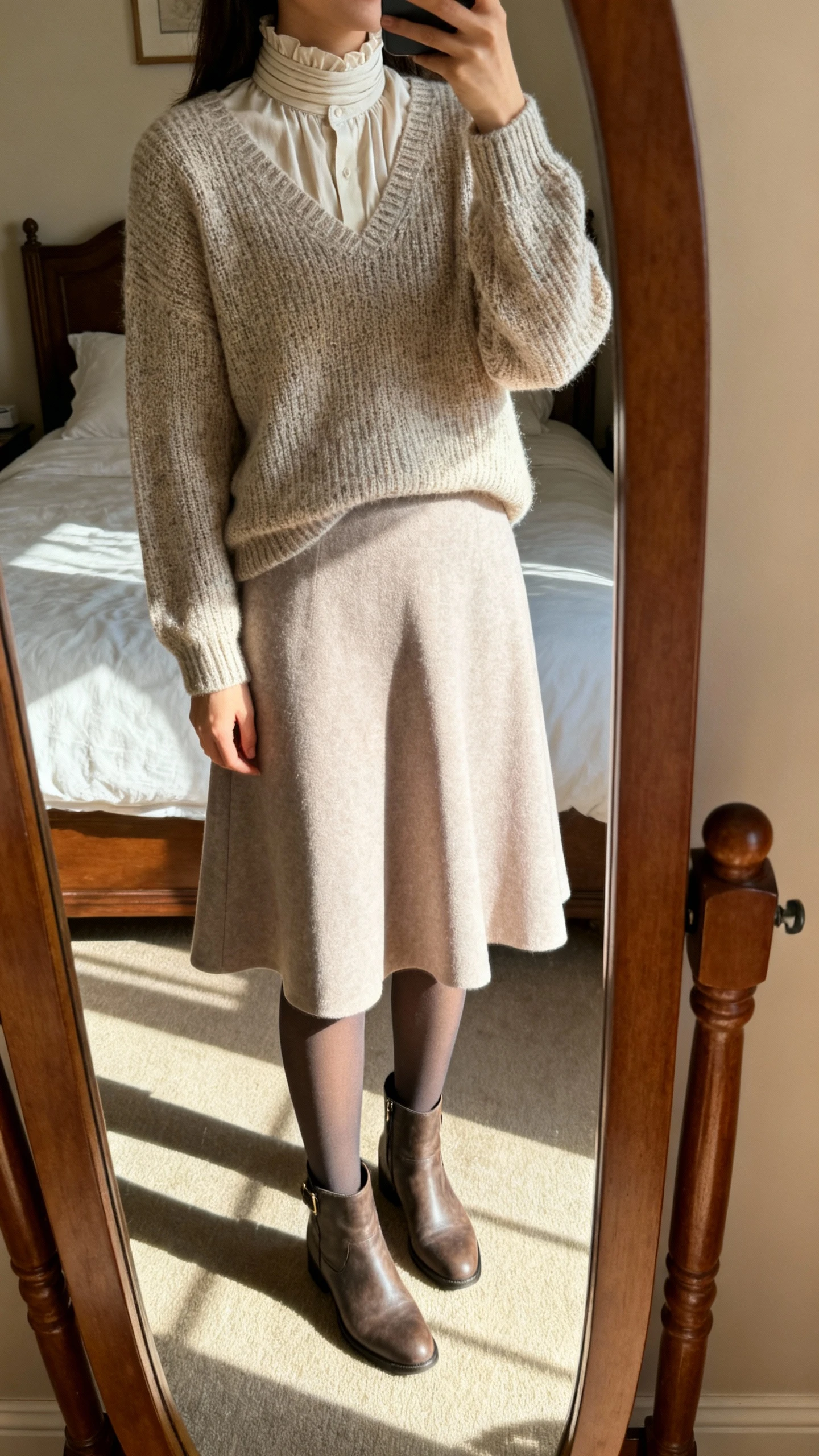 iPhone mirror selfie of a woman layering a fine-knit pullover over a high-neck blouse paired with a soft A-line midi dress, opaque tights, and ankle boots, face not visible, cropped at shoulders, bedroom mirror, warm indoor lighting, iPhone photo quality.
