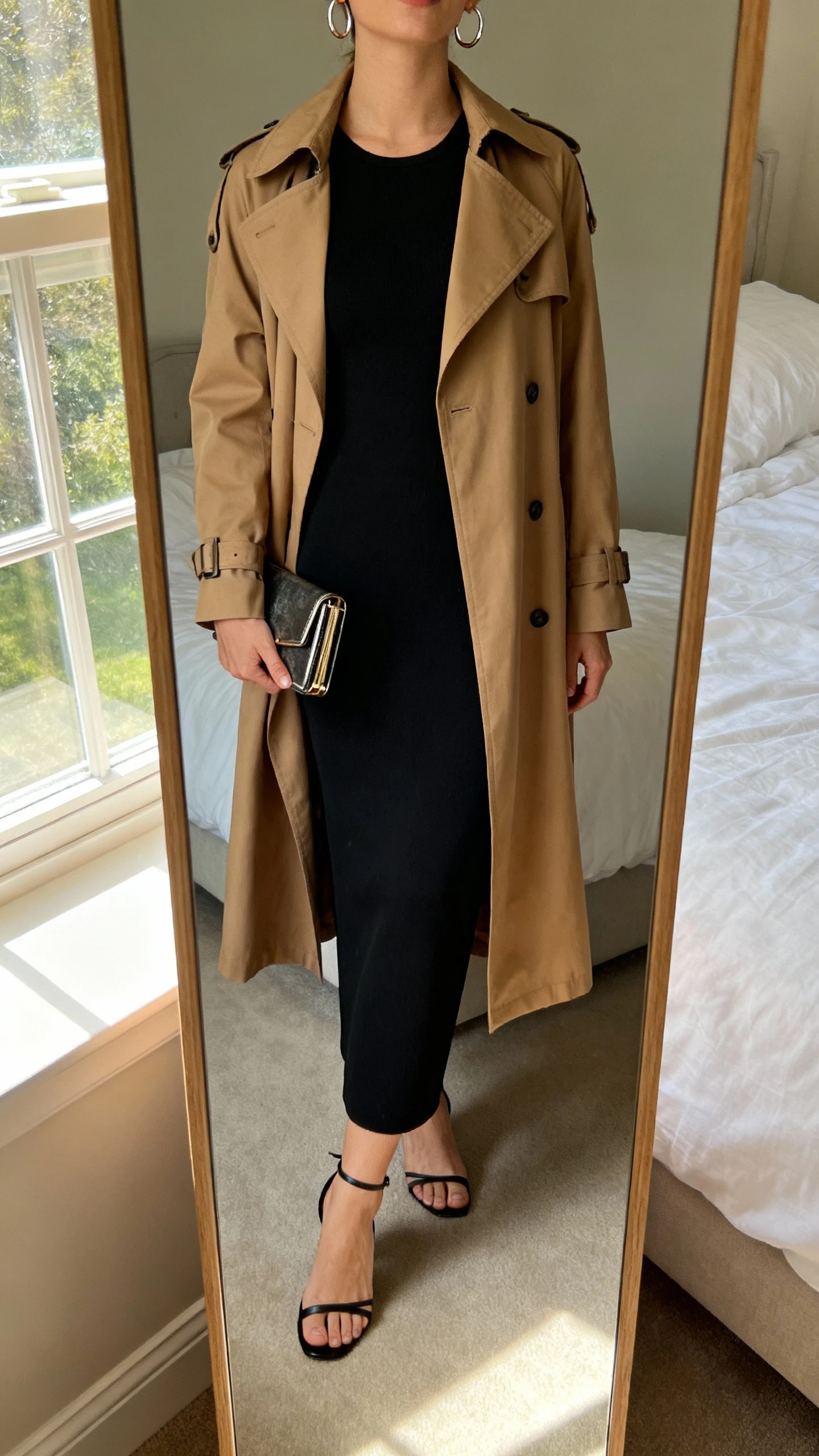iPhone mirror selfie of a woman wearing a black column dress under a tan trench coat, minimal ankle-strap heels, simple hoop earrings, and a compact clutch, face not visible, cropped at neck, bedroom mirror with window light, iPhone photo quality.