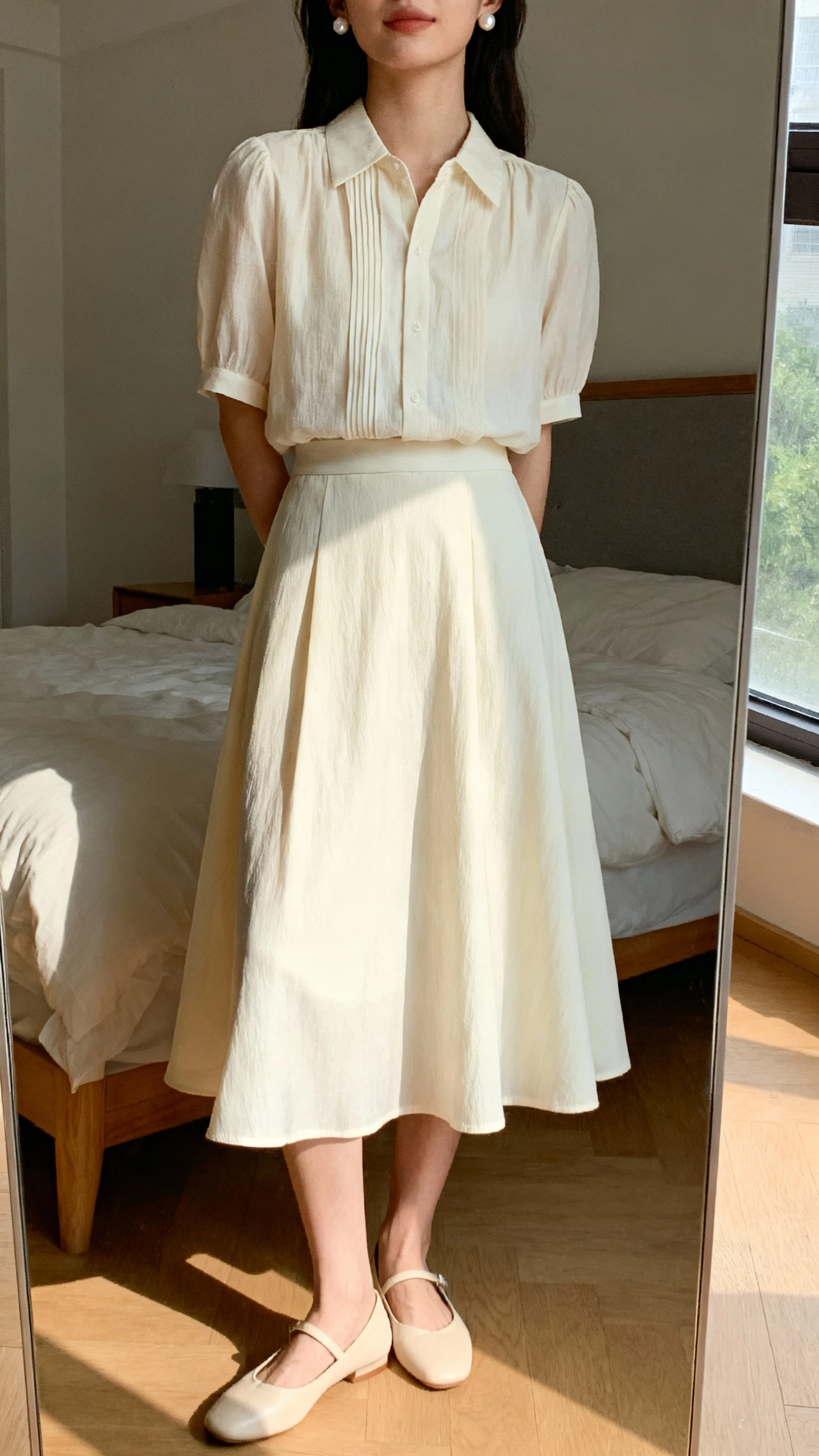 iPhone mirror selfie of a woman wearing a breezy A-line skirt set (matching blouse and skirt) with delicate flats and pearl stud earrings; face not visible, cropped at shoulders, bedroom mirror, gentle morning light, iPhone photo quality.