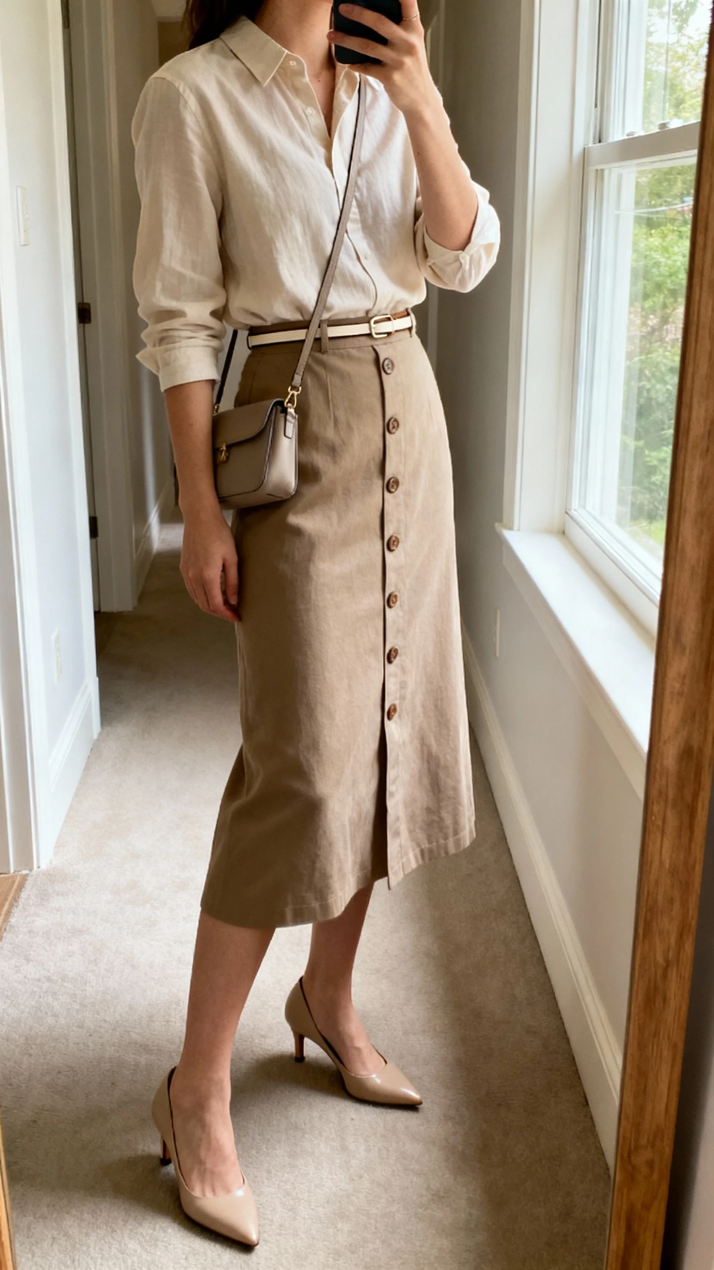 iPhone mirror selfie of a woman wearing a button-front midi skirt paired with a soft tucked-in blouse, kitten heels, a thin waist belt, and a small crossbody bag, face not visible, side angle in full-length hallway mirror, natural daylight from a window, iPhone photo quality.