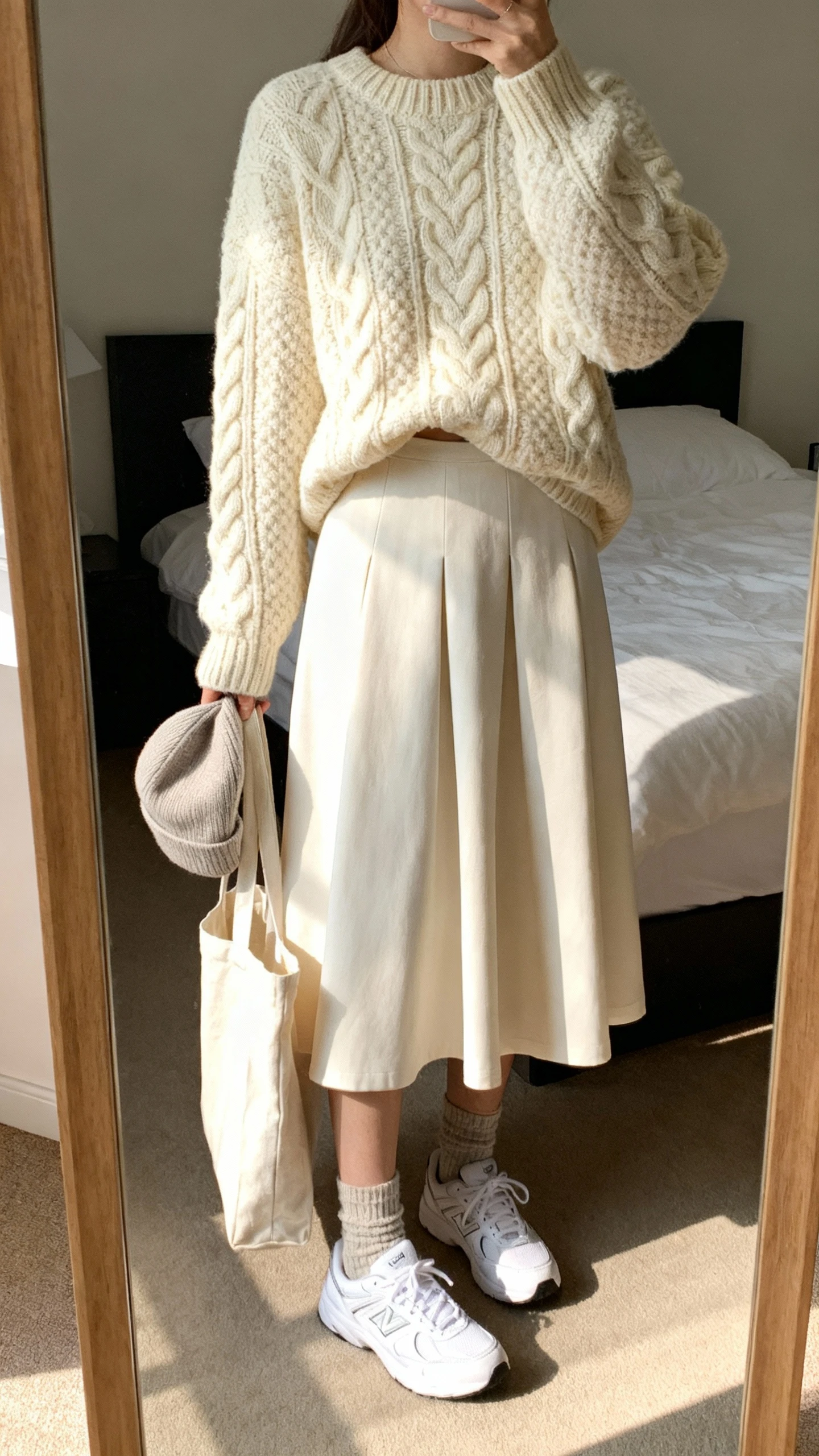 iPhone mirror selfie of a woman wearing a chunky cream cable-knit sweater half-tucked into a flowy A-line skirt, white sneakers, cozy socks peeking, canvas tote, and a simple beanie in hand, face not visible, cropped at shoulders, bedroom mirror with soft afternoon light, iPhone photo quality.