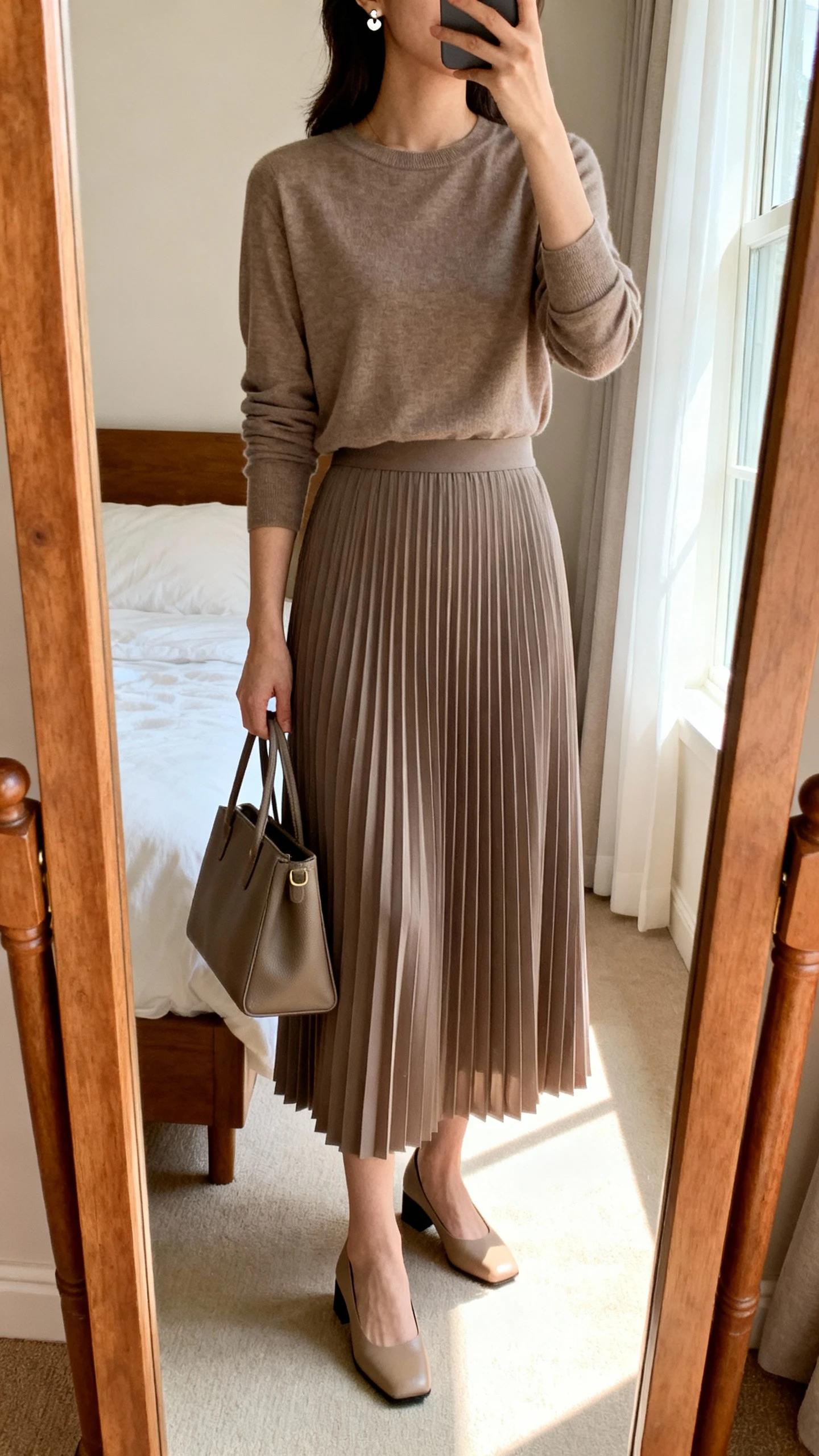 iPhone mirror selfie of a woman wearing a classic pleated midi skirt with a matching modest long-sleeve top, low block heels, simple stud earrings, and a structured tote, face not visible, cropped at neck, bedroom mirror with natural morning window light, iPhone photo quality.