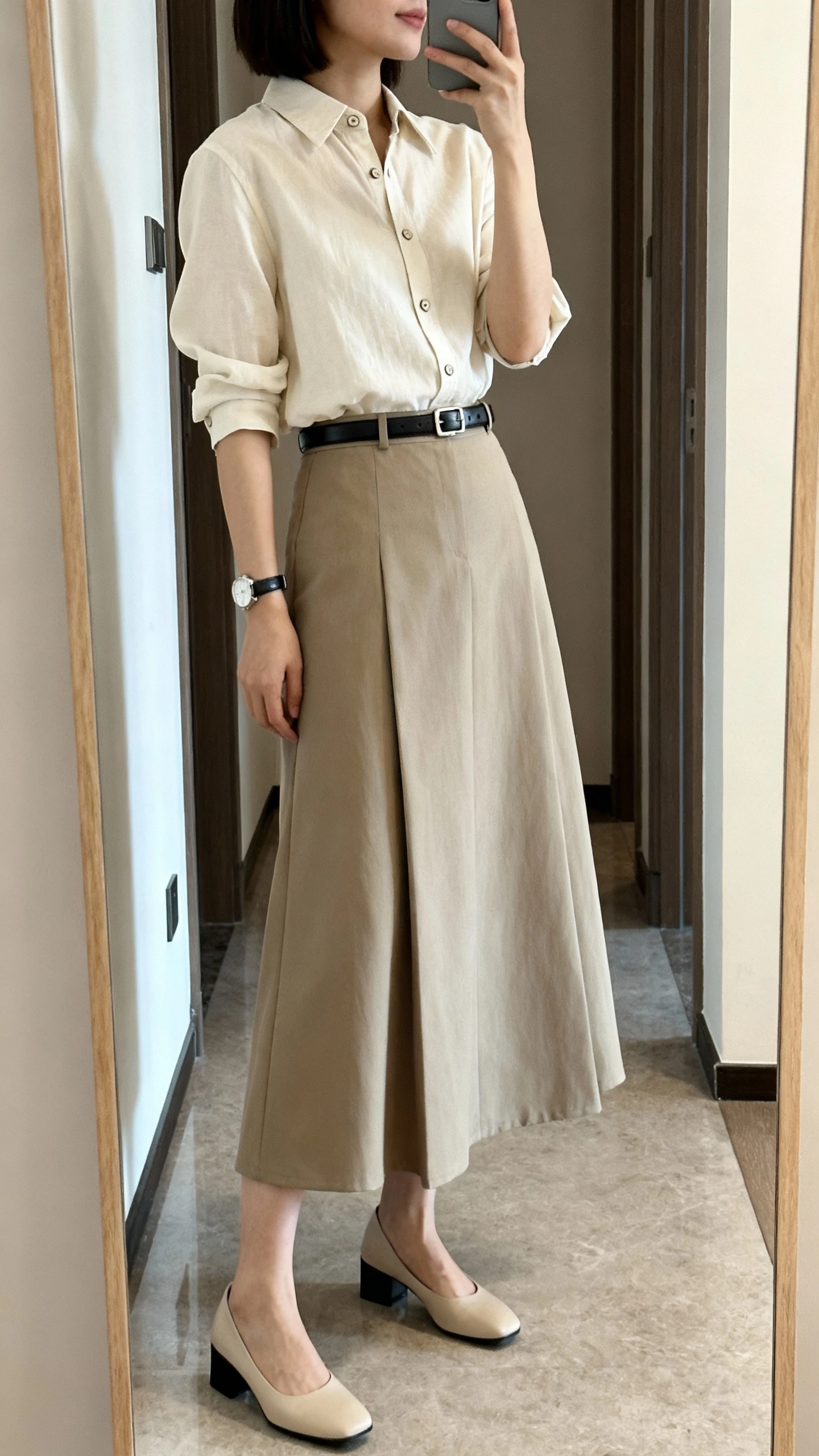 iPhone mirror selfie of a woman wearing a classic button-front blouse tucked into an A-line maxi skirt with a sleek belt, simple watch and low block heels, face not visible, side angle, full-length mirror in hallway, indoor lighting, iPhone photo quality.