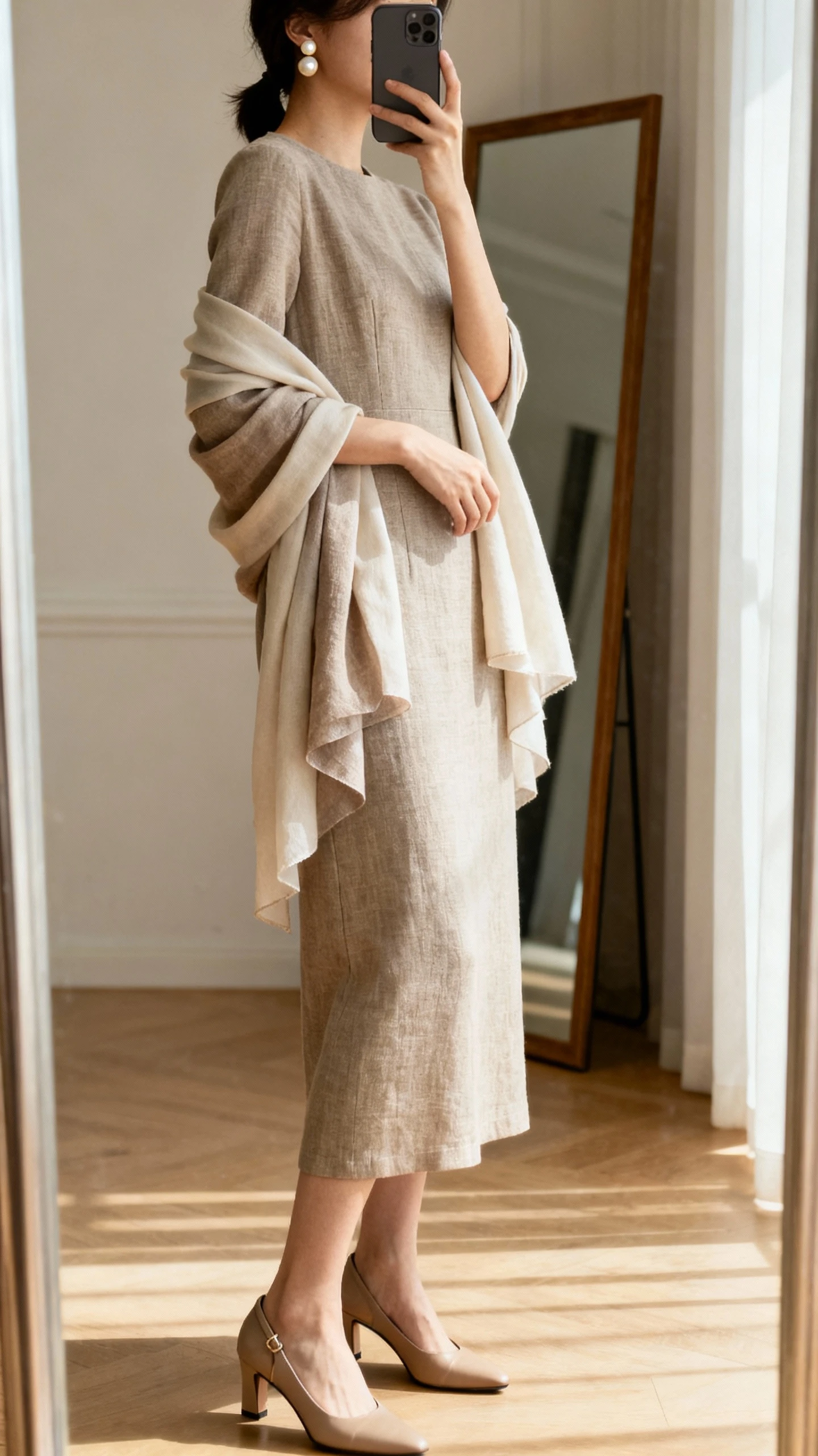 iPhone mirror selfie of a woman wearing a column midi dress in neutral linen with clean lines and a graceful layered shawl or scarf, pearl studs, and slingback heels, face not visible, side angle, full-length mirror, soft indoor afternoon light, iPhone photo quality.
