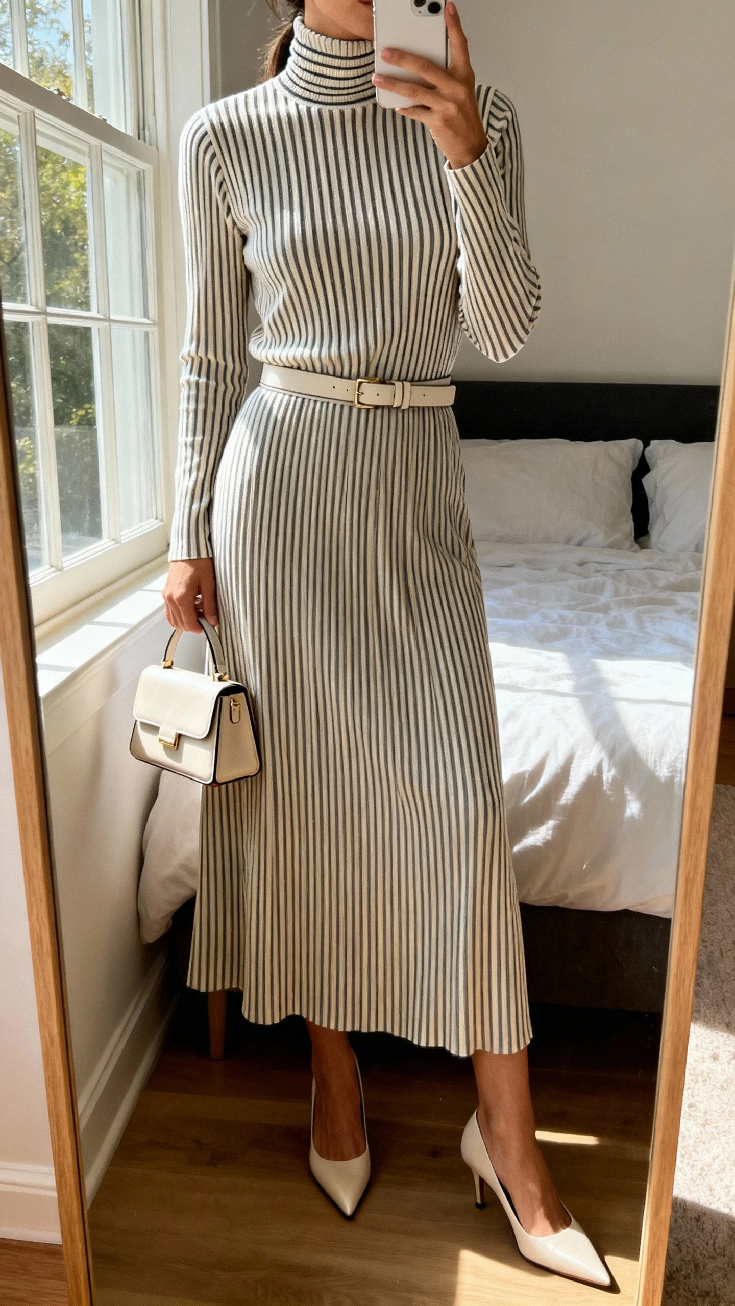 iPhone mirror selfie of a woman wearing a column-stripe turtleneck top with a matching column-stripe long skirt, slim belt, pointed-toe pumps, and a structured mini tote, face not visible, cropped at neck, bedroom mirror with natural window light, iPhone photo quality.
