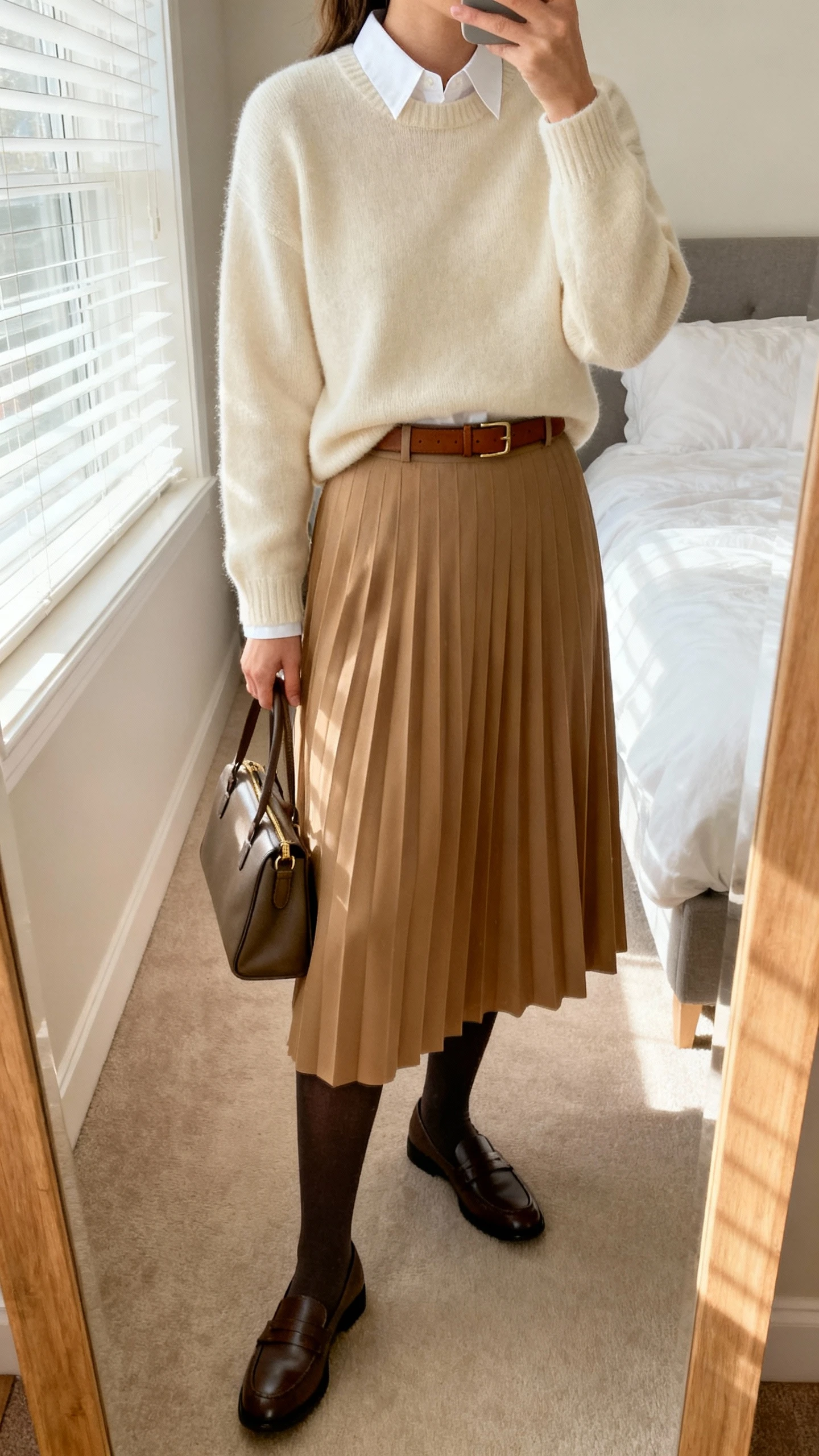 iPhone mirror selfie of a woman wearing a cream crewneck sweater layered over a white collared blouse, pleated midi skirt in tan, dark tights, classic loafers, a slim leather belt, and a structured satchel, face not visible, cropped at neck, bedroom mirror, soft morning window light, iPhone photo quality.