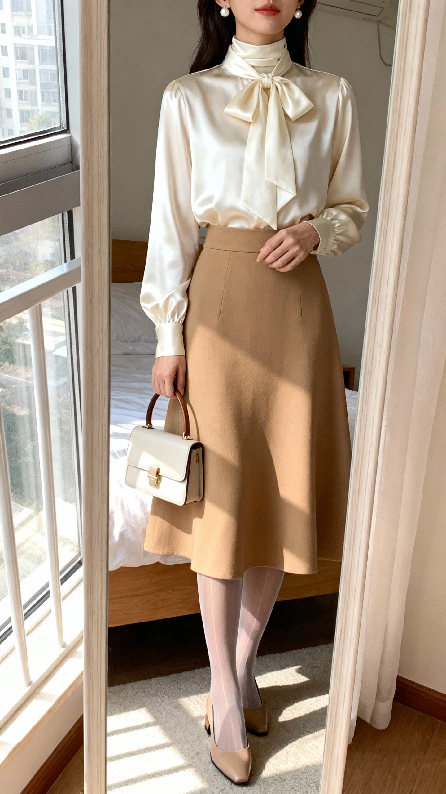 iPhone mirror selfie of a woman wearing a cream satin high-neck bow-blouse tucked into a camel A-line midi skirt with sheer tights, low block-heel pumps, delicate pearl stud earrings, and a small structured top-handle bag, face not visible, cropped at neck, bedroom mirror, soft morning window light, iPhone photo quality