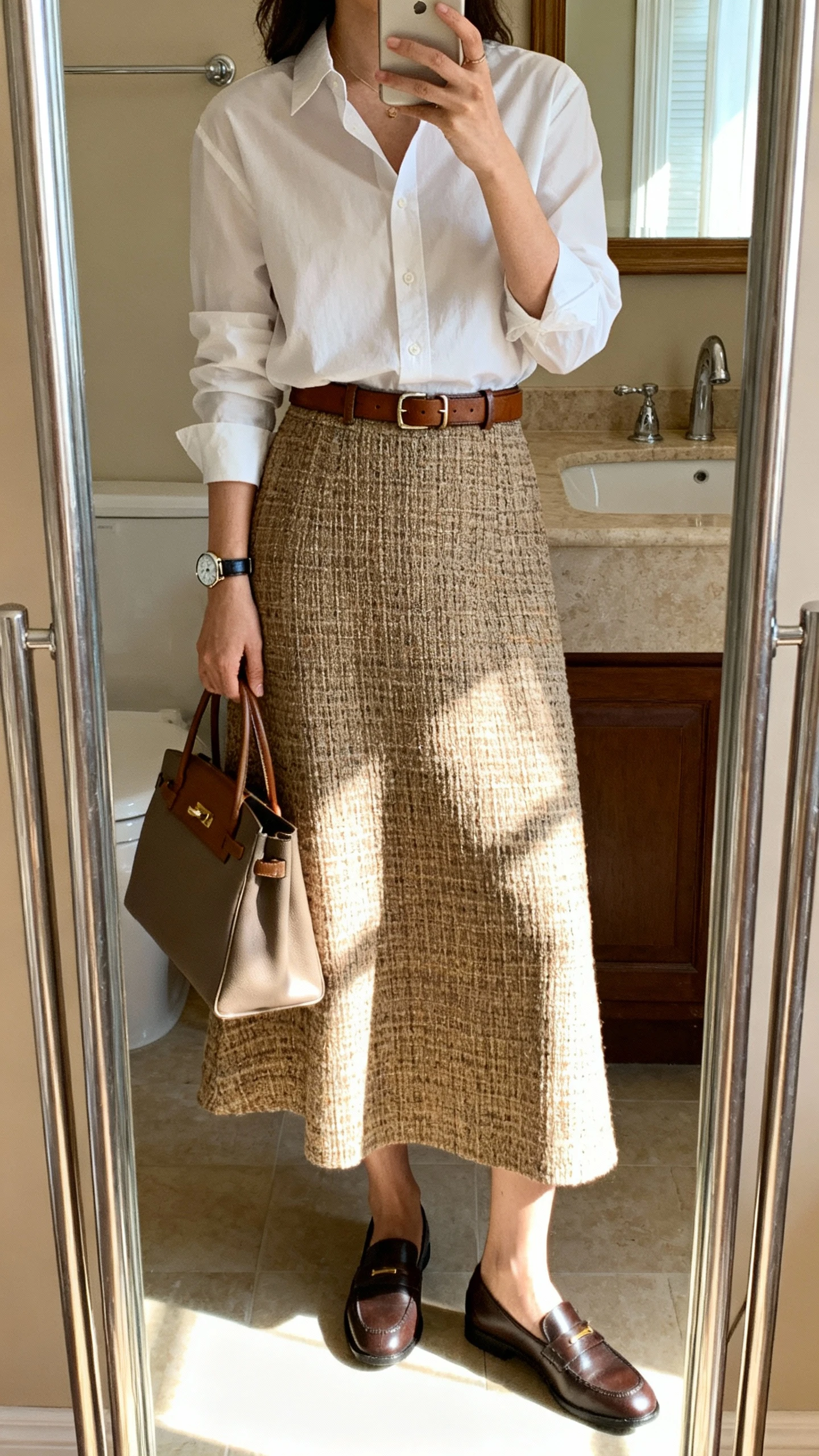 iPhone mirror selfie of a woman wearing a crisp button-down shirt tucked into an A-line woven maxi skirt, leather belt, structured tote, classic watch, and loafers; face not visible, bathroom full-length mirror, indoor morning light, iPhone photo quality.
