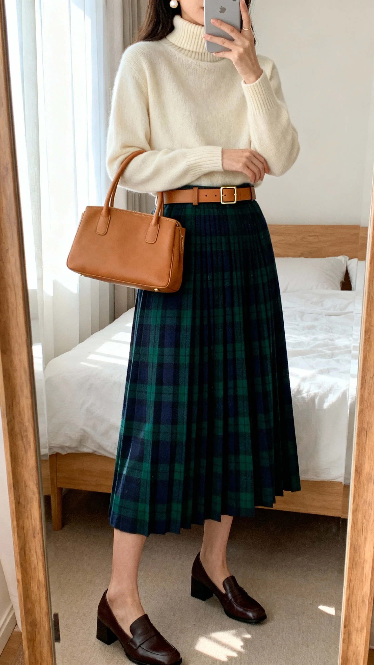 iPhone mirror selfie of a woman wearing a deep green and navy pleated tartan midi skirt, cream mock-neck sweater, structured tan belt with a small classic buckle, low block-heel pumps in dark brown, camel top-handle bag, and pearl stud earrings; face not visible, cropped at neck, bedroom mirror, natural window light, iPhone photo quality.