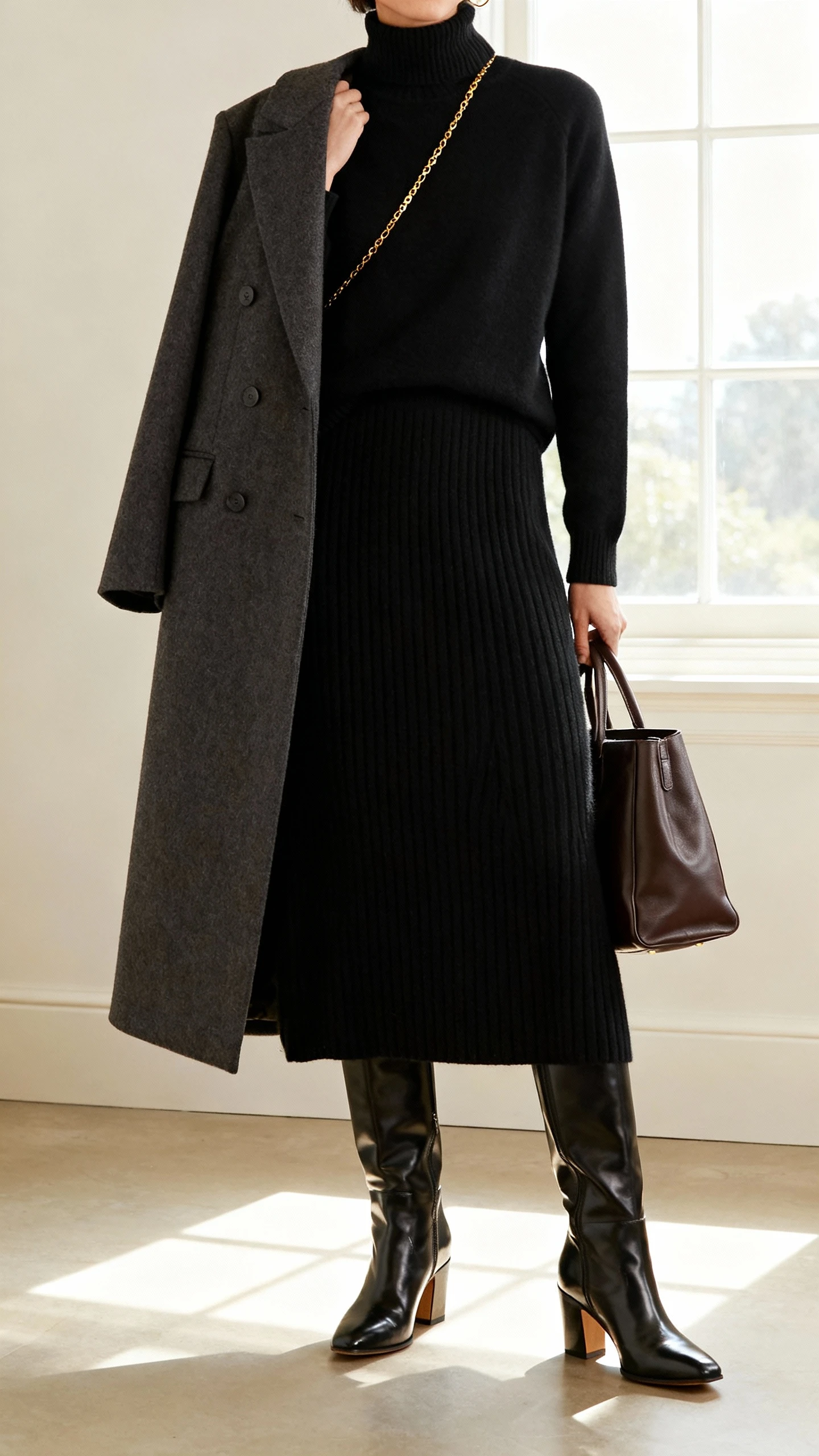iPhone mirror selfie of a woman wearing a fine cashmere crewneck in black over a ribbed knit maxi dress with a high neckline and long sleeves, polished knee-high boots with a stable heel, a long tailored wool coat, a structured leather tote, and a minimal gold chain; face not visible, cropped at neck, indoor window light, iPhone photo quality.