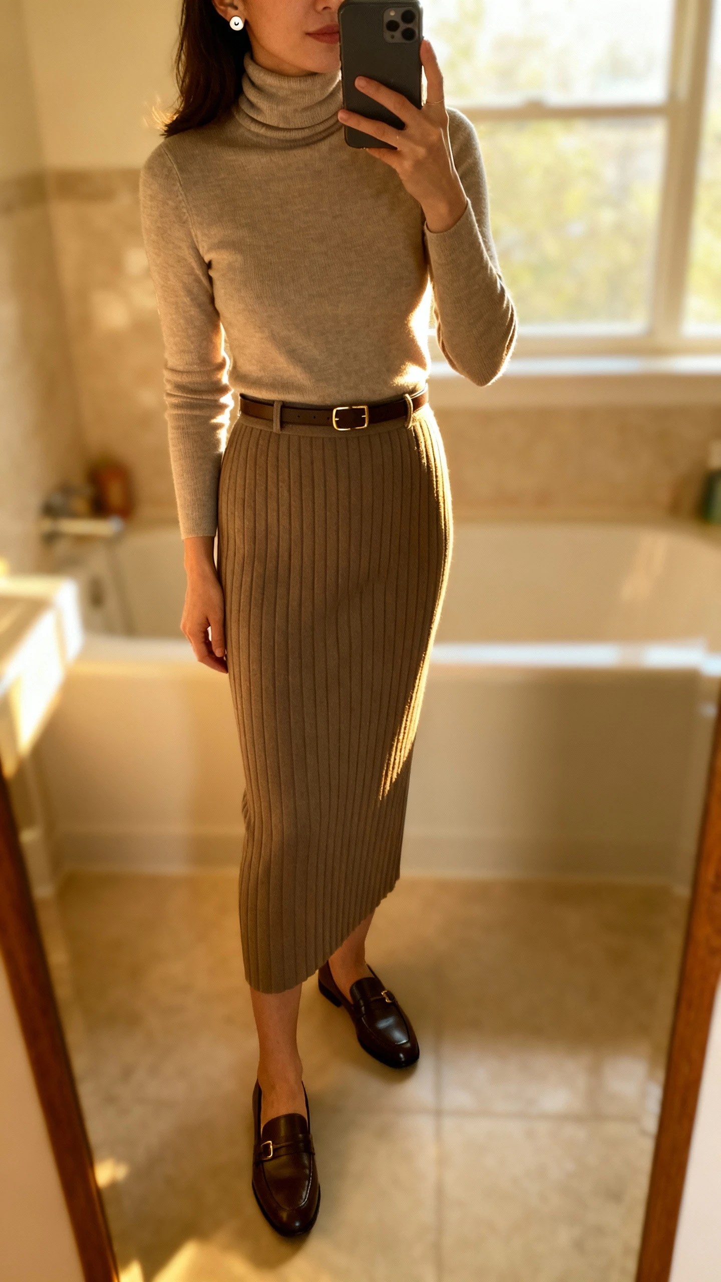 iPhone mirror selfie of a woman wearing a fitted turtleneck tucked into a column skirt, slim belt, understated stud earrings, and sleek loafers, face not visible, cropped at shoulders, bathroom mirror with natural window light, iPhone photo quality.