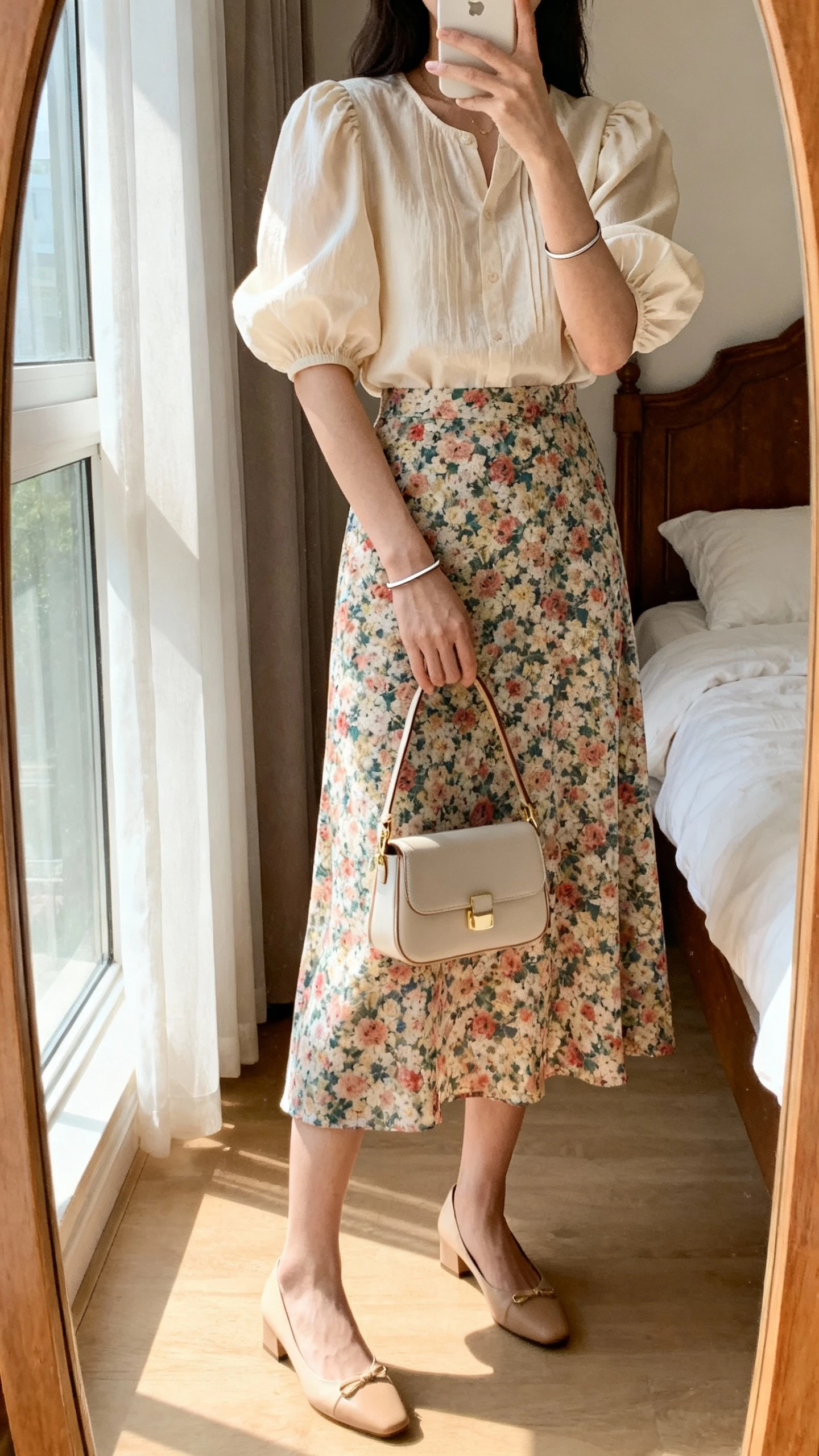 iPhone mirror selfie of a woman wearing a floral midi skirt with a puff-sleeve blouse tucked in, low heels, a thin bracelet, and a small top-handle bag, face not visible, cropped at shoulders, bedroom mirror with gentle afternoon window light, iPhone photo quality.