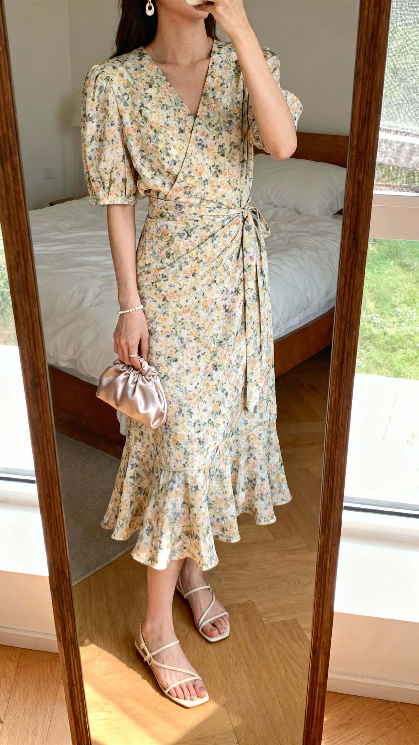 iPhone mirror selfie of a woman wearing a floral wrap midi dress with a graceful hem, whisper-light earrings, delicate bracelet, slim strap sandals, and a small satin pouch, face not visible, cropped at neck, bedroom mirror, gentle morning light, iPhone photo quality.