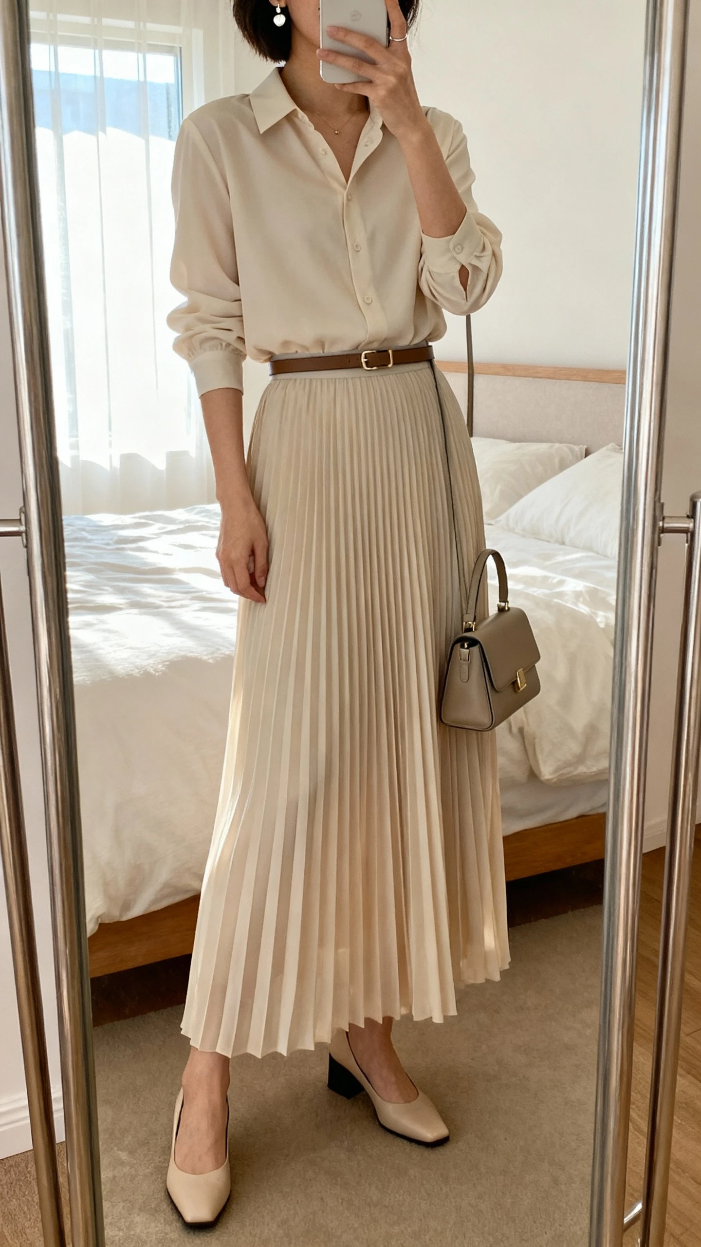 iPhone mirror selfie of a woman wearing a flowing pleated long skirt with a modest tucked blouse, low block-heel pumps, slim belt, delicate stud earrings, and a small structured handbag, face not visible, cropped at neck, bedroom mirror with natural window light, iPhone photo quality.