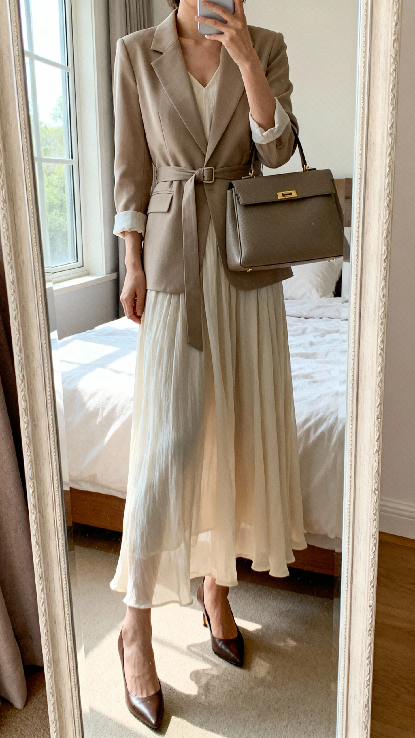 iPhone mirror selfie of a woman wearing a flowing midi dress with a belted blazer, modest neckline and long sleeves, paired with classic pumps and a structured tote, face not visible, cropped at neck, bedroom mirror, morning window light, iPhone photo quality.
