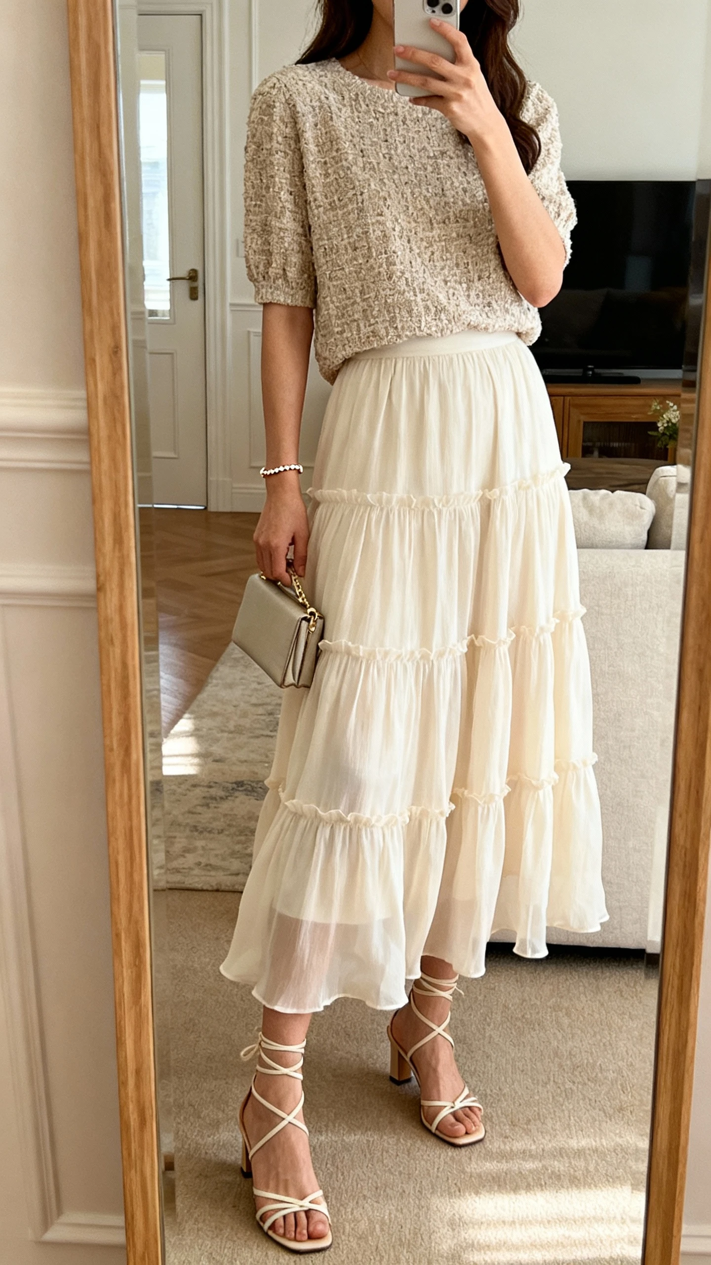 iPhone mirror selfie of a woman wearing a flowing tiered skirt and a textured top, delicate bracelet, strappy low heels, and a small clutch, face not visible, cropped at neck, living-room full-length mirror, warm indoor lighting, iPhone photo quality.