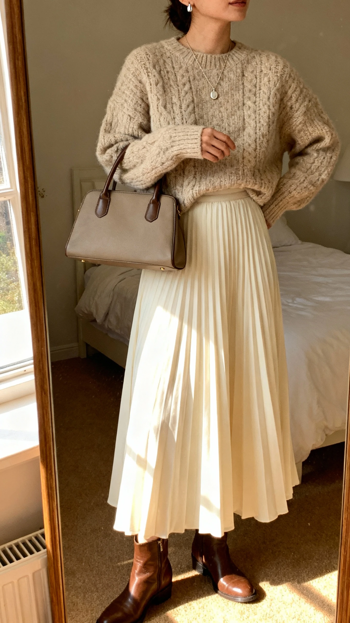 iPhone mirror selfie of a woman wearing a flowy A-line maxi skirt in cream with a chunky oatmeal knit sweater, leather ankle boots, simple pendant necklace, stud earrings, and a structured top-handle bag; face not visible, cropped at neck, bedroom mirror, morning window light, iPhone photo quality.