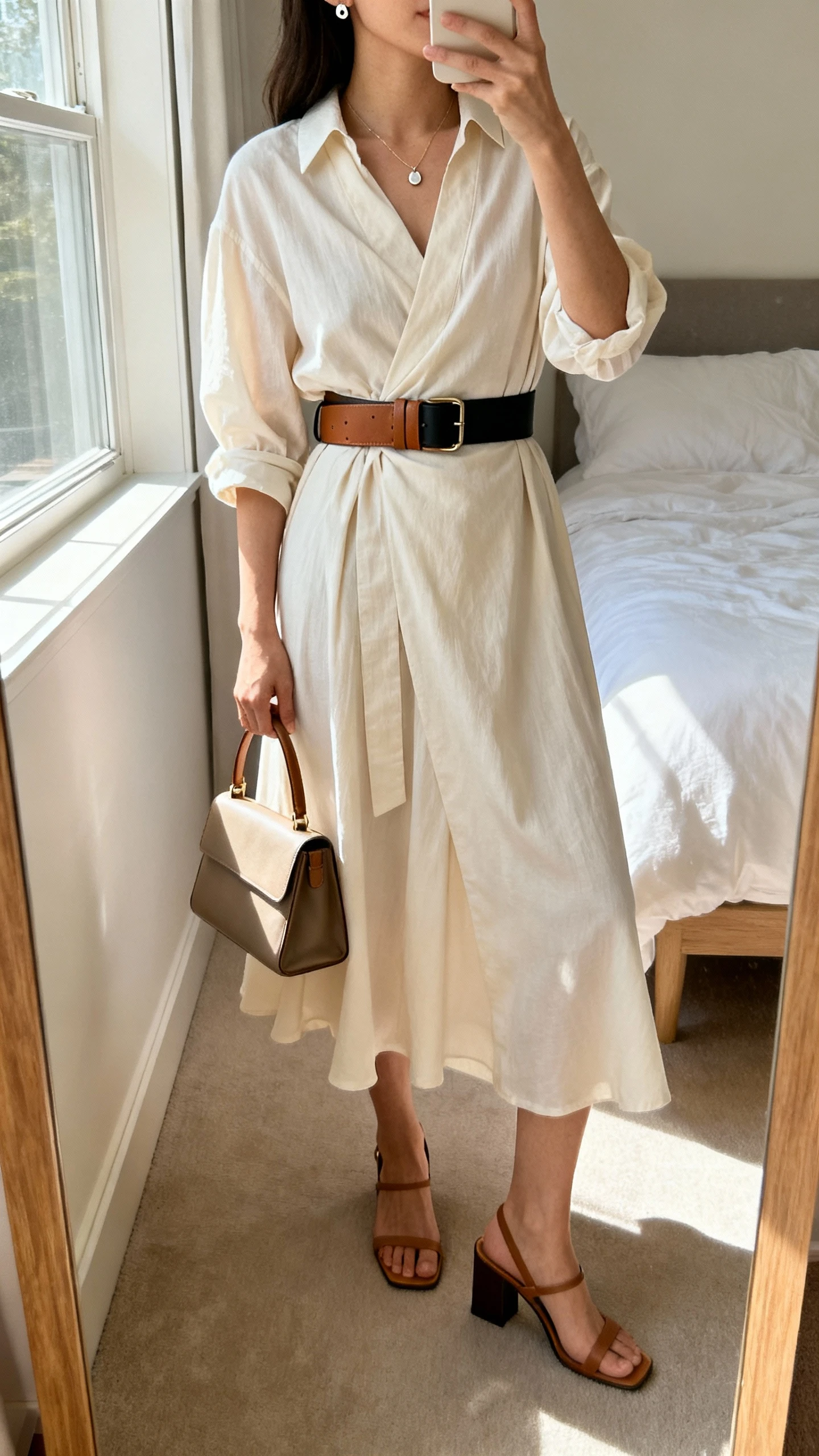 iPhone mirror selfie of a woman wearing a flowy midi dress with sleeves (wrap/A-line/shirtdress style) cinched with a medium-width tan or black leather belt, block-heel sandals or low kitten heels, a structured tote or small top-handle bag, a delicate pendant necklace, and simple stud earrings; face not visible, cropped at neck, bedroom mirror with natural morning window light, iPhone photo quality.