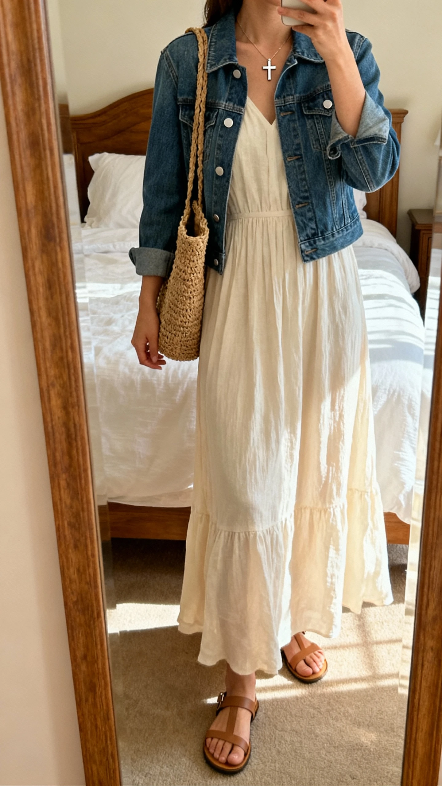 iPhone mirror selfie of a woman wearing a flowy Sunday-ready maxi dress with a denim jacket, simple sandals, dainty cross necklace, and a woven tote, face not visible, cropped at shoulders, bedroom mirror, warm afternoon indoor light, iPhone photo quality.
