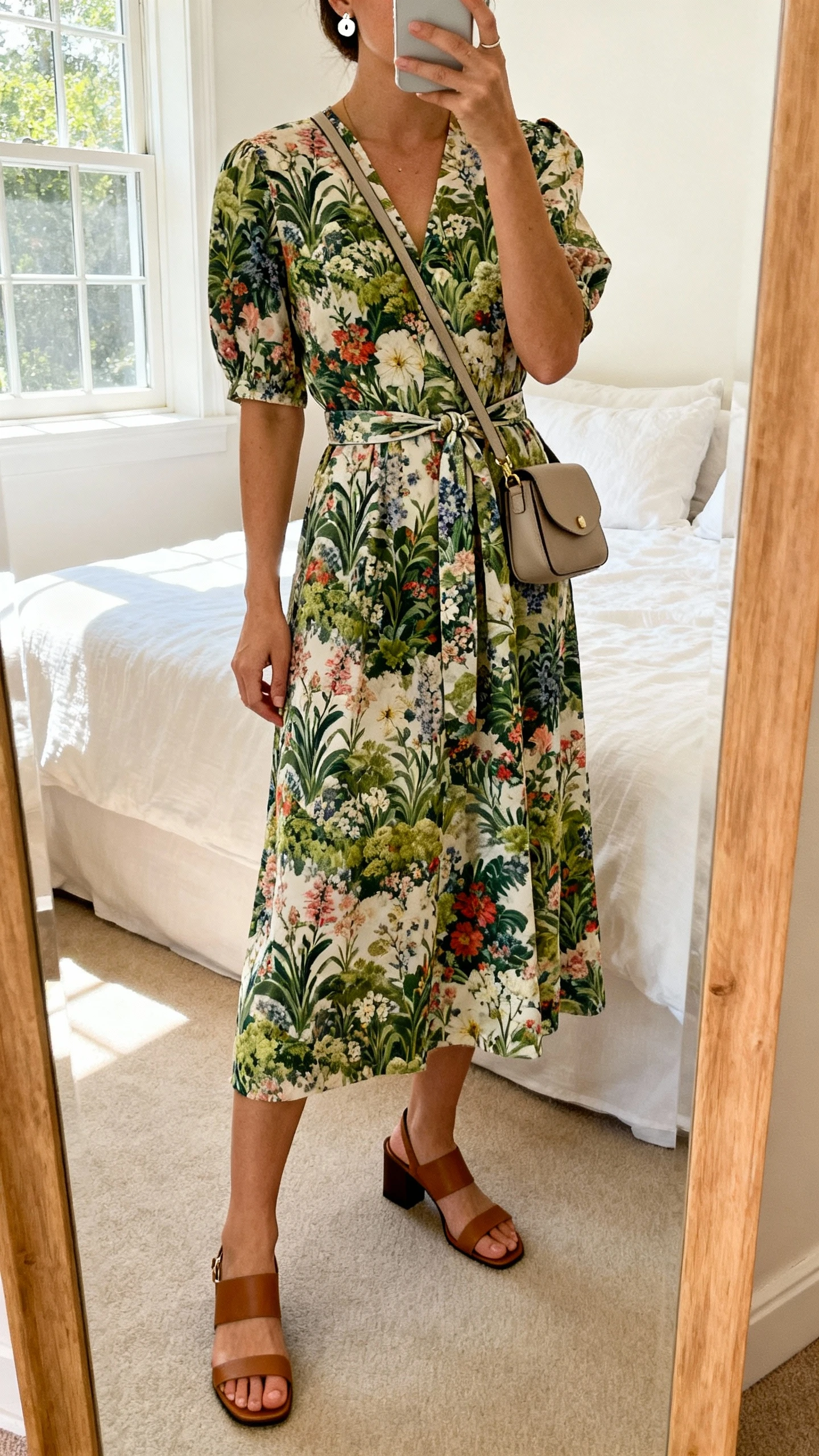 iPhone mirror selfie of a woman wearing a garden-print midi dress with a belted waist, simple stud earrings, low block-heel sandals, and a small crossbody bag, face not visible, cropped at neck, bedroom mirror with natural window light, iPhone photo quality.