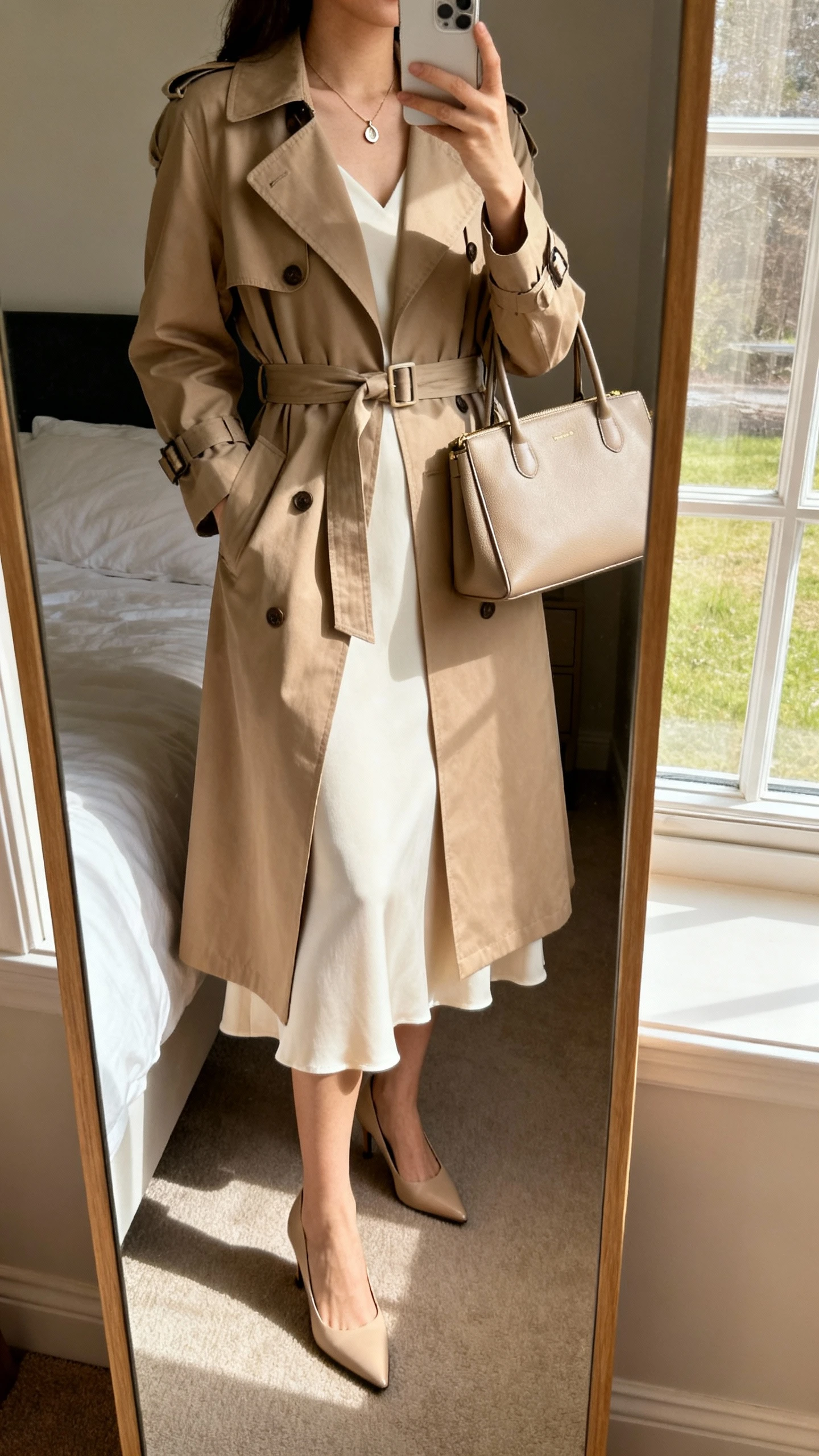 iPhone mirror selfie of a woman wearing a graceful midi dress with a belted trench coat, classic pumps, structured tote, and delicate pendant, face not visible, cropped at neck, bedroom mirror with natural window light, iPhone photo quality.