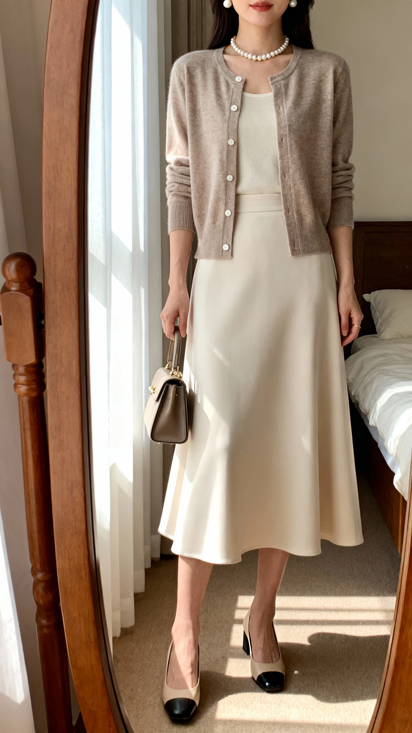 iPhone mirror selfie of a woman wearing a graceful midi A-line skirt, a polished cardigan over a simple top, pearl necklace and pearl stud earrings, low block heels, and a small structured handbag; face not visible, cropped at neck, bedroom full-length mirror with morning window light, iPhone photo quality.