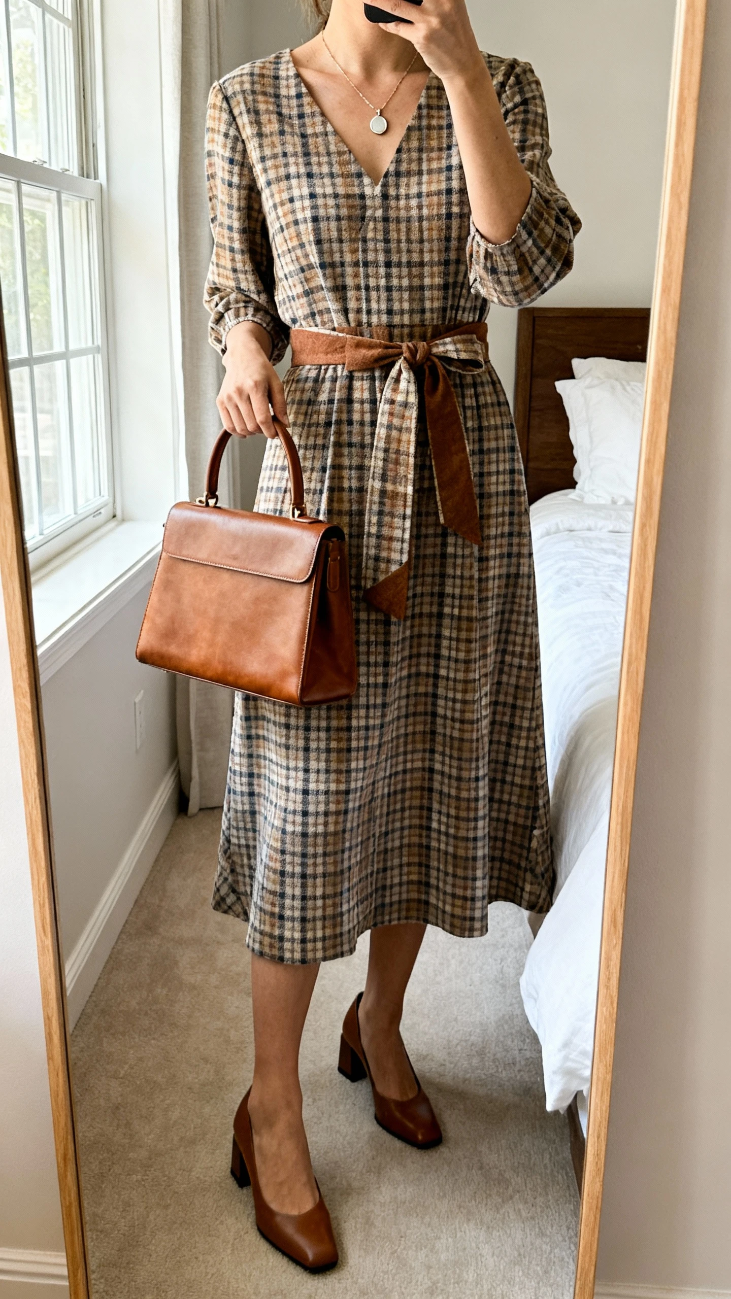 iPhone mirror selfie of a woman wearing a heritage check midi plaid dress with a matching fabric belt, low block-heel pumps, a simple pendant necklace, and a structured leather top-handle bag, face not visible, cropped at neck, bedroom mirror, natural window light, iPhone photo quality.