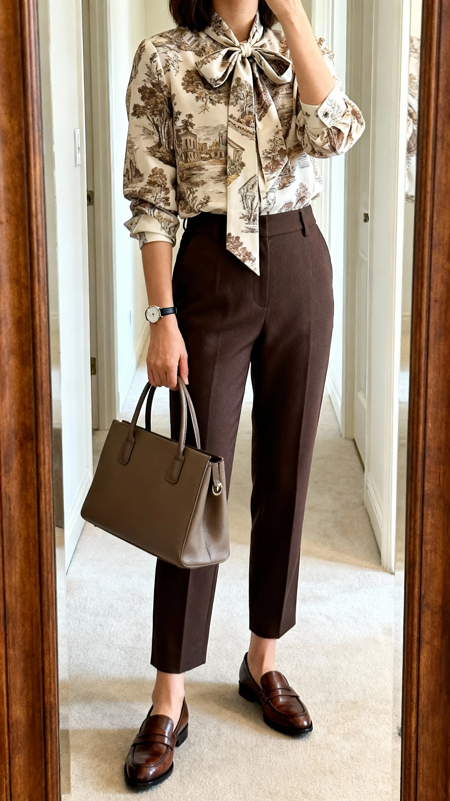 iPhone mirror selfie of a woman wearing a heritage-print blouse (tie-neck bow) tucked into tailored trousers, classic leather loafers, structured tote, and a slim watch, face not visible, cropped at shoulders, full-length hallway mirror, soft daylight, iPhone photo quality.