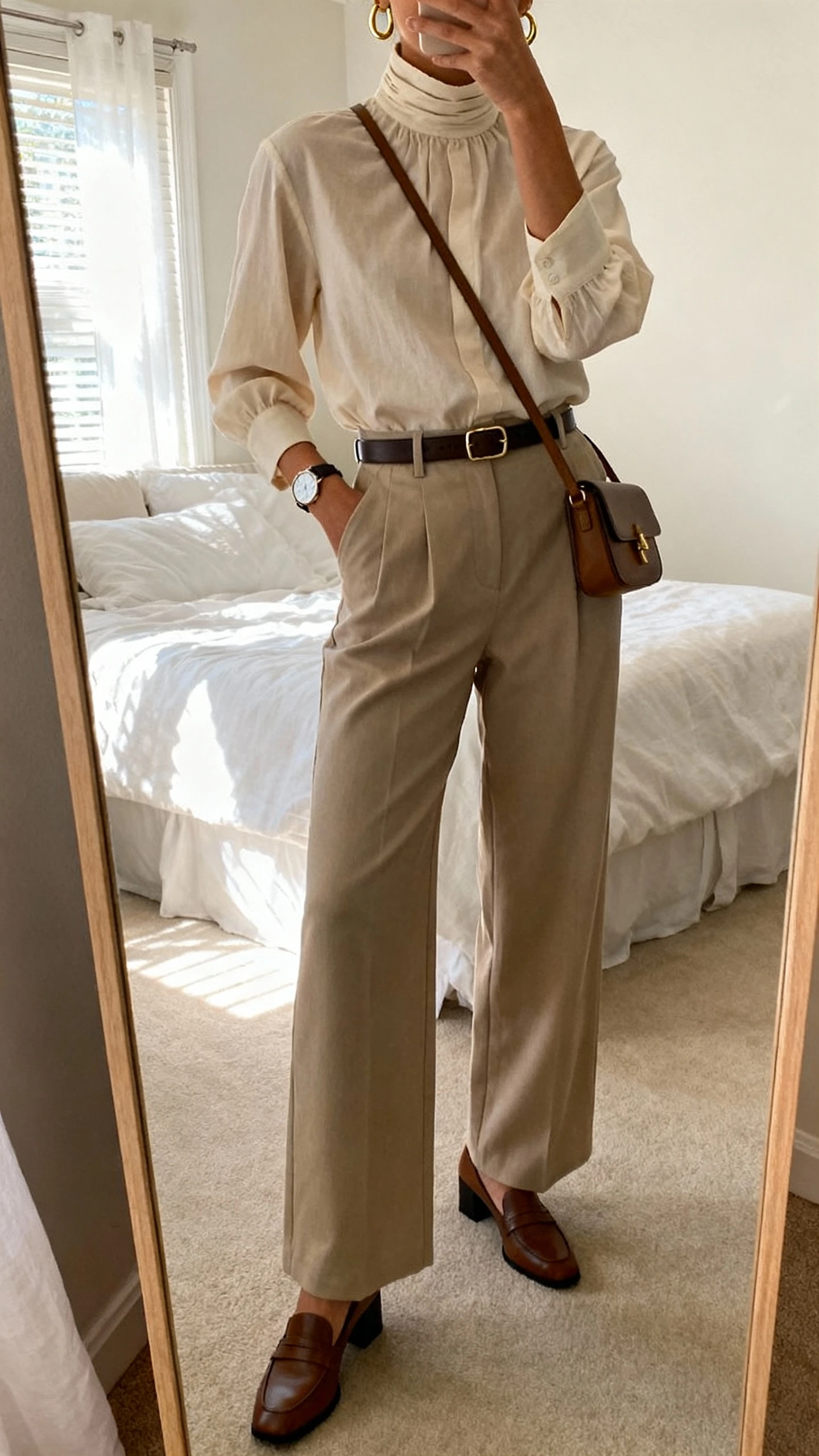 iPhone mirror selfie of a woman wearing a high-neck blouse tucked into wide-leg trousers with low block-heel loafers, a slim belt, small crossbody, and minimal gold hoops and watch; face not visible, cropped at neck, bedroom mirror, soft morning window light, iPhone photo quality.