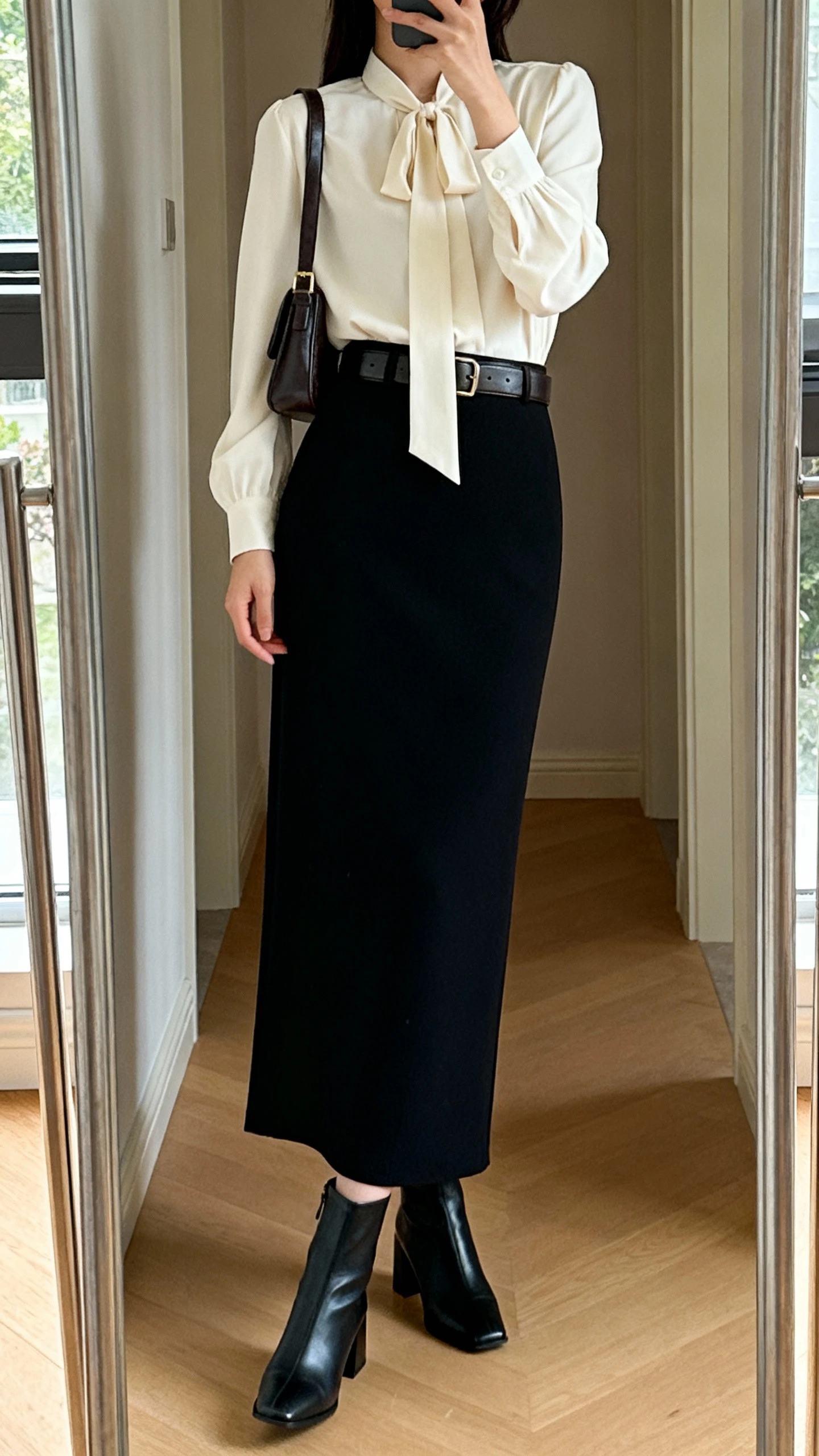 iPhone mirror selfie of a woman wearing a high-waisted black column maxi skirt with a cream tie-neck blouse, sleek leather belt, block-heel ankle boots, and a structured shoulder bag, face not visible, side angle in a hallway full-length mirror, indoor morning light, iPhone photo quality.