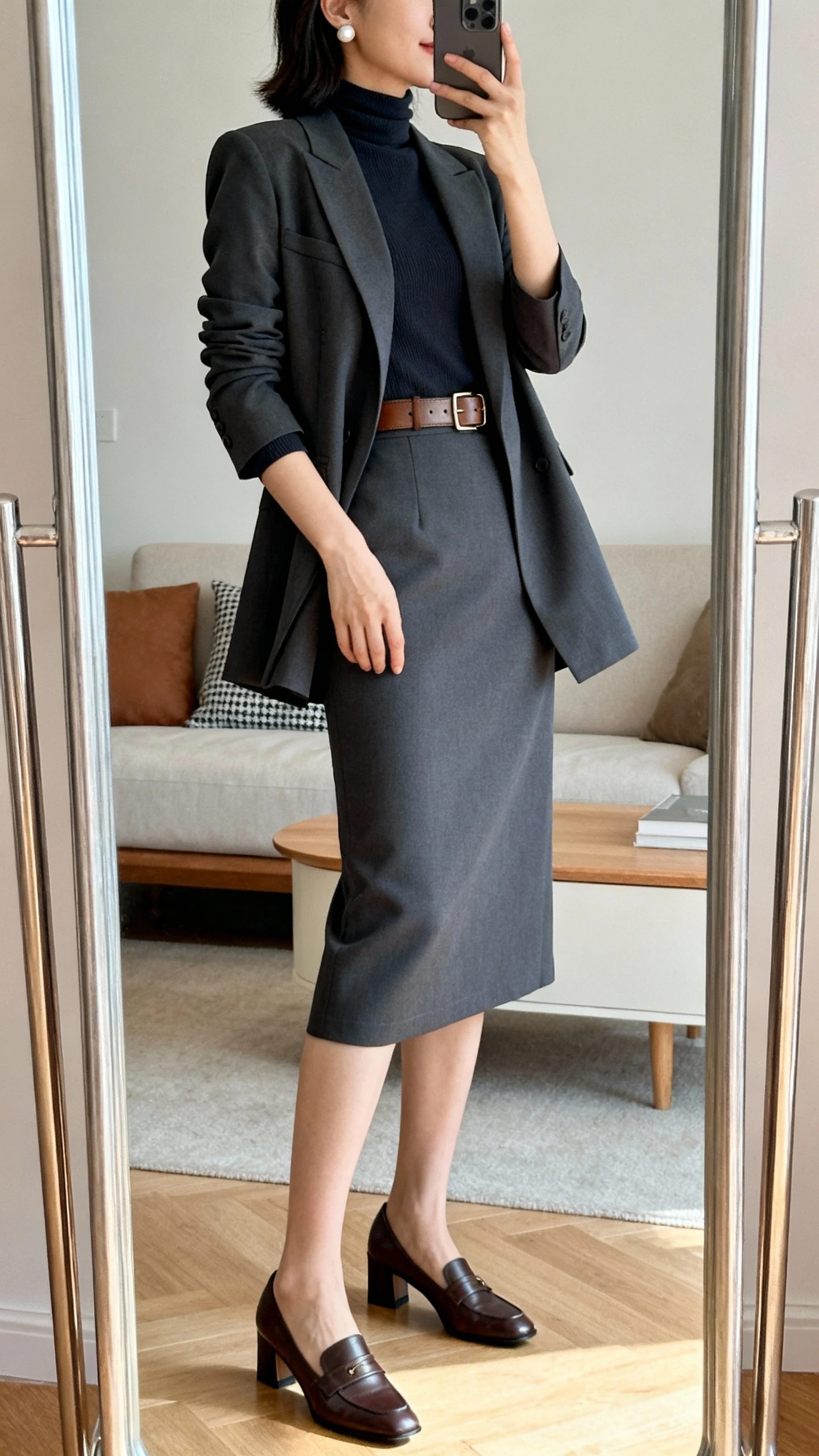 iPhone mirror selfie of a woman wearing a knee-length or midi sheath dress with a high neckline and elbow or three-quarter sleeves, a structured blazer with a longer cut or soft wrap style, closed-toe pumps or mid-heel Mary Janes, a leather belt at the waist if applicable, and simple pearl or gemstone studs; face not visible, side angle, living room full-length mirror, indoor natural light, iPhone photo quality.