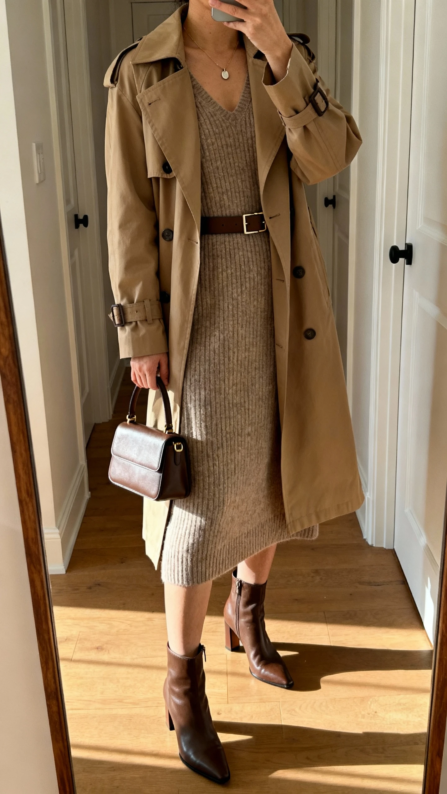 iPhone mirror selfie of a woman wearing a knit dress under a classic trench coat, heeled ankle boots, slim belt, top-handle bag, subtle pendant necklace, face not visible, cropped at neck, entryway full-length mirror, warm afternoon light, iPhone photo quality.