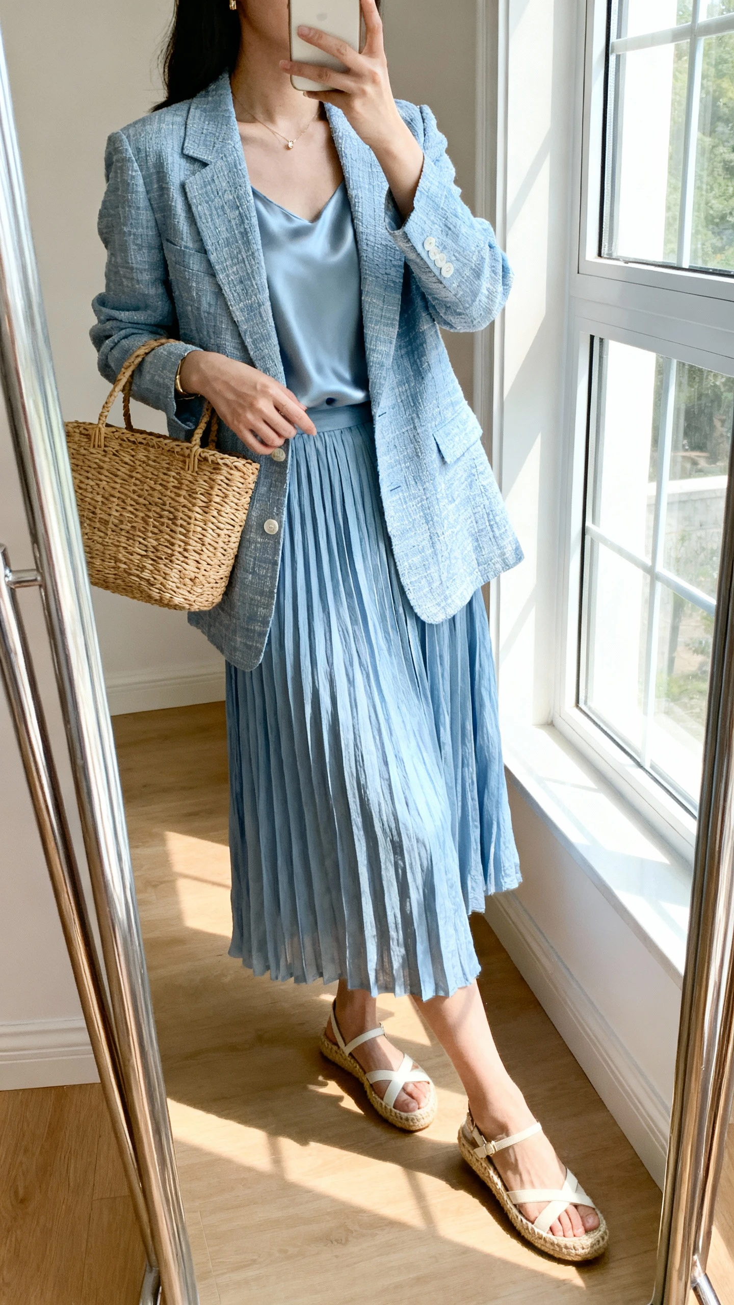iPhone mirror selfie of a woman wearing a linen-blend pleated midi skirt in soft blue, a complementary seersucker blazer over a silky full-coverage shell, low espadrille wedges, and carrying a wicker handbag; face not visible, side angle, full-length mirror, bright window light, iPhone photo quality.