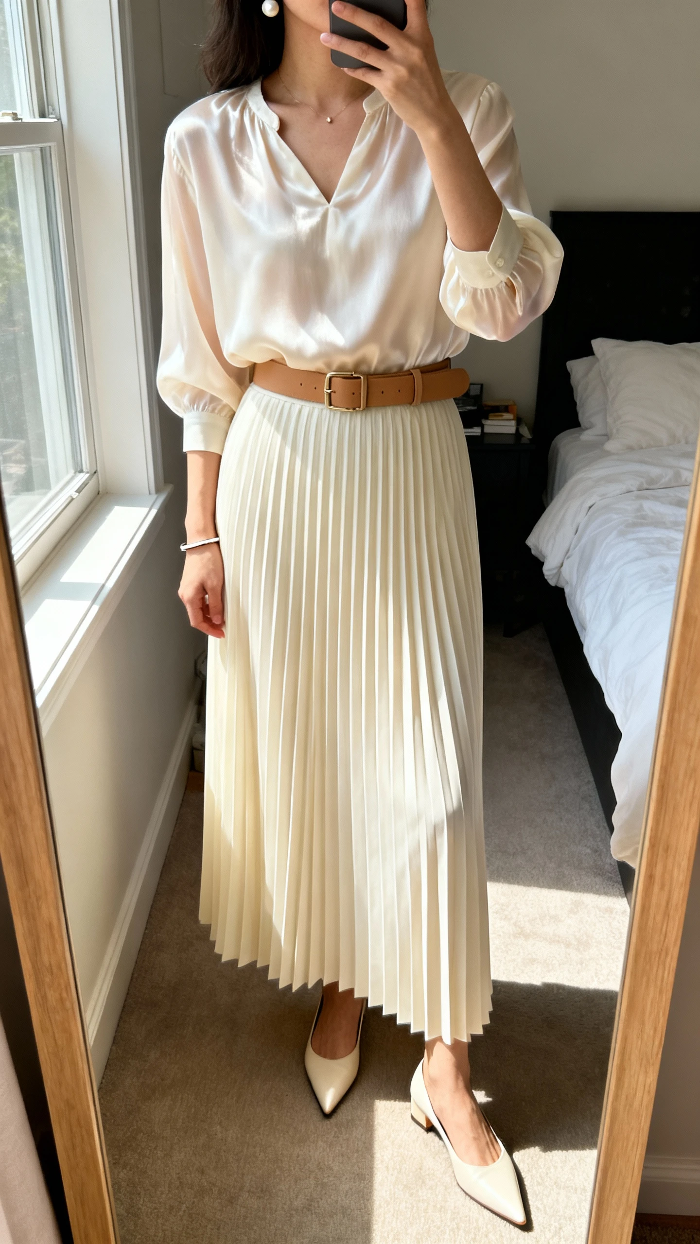 iPhone mirror selfie of a woman wearing a long accordion-pleated skirt in cream, a lightweight silk blouse with a modest neckline, a tan waist belt, pointed-toe dressy flats, delicate pearl studs, and a slim bracelet, face not visible, cropped at neck, bedroom mirror, natural window light, iPhone photo quality.