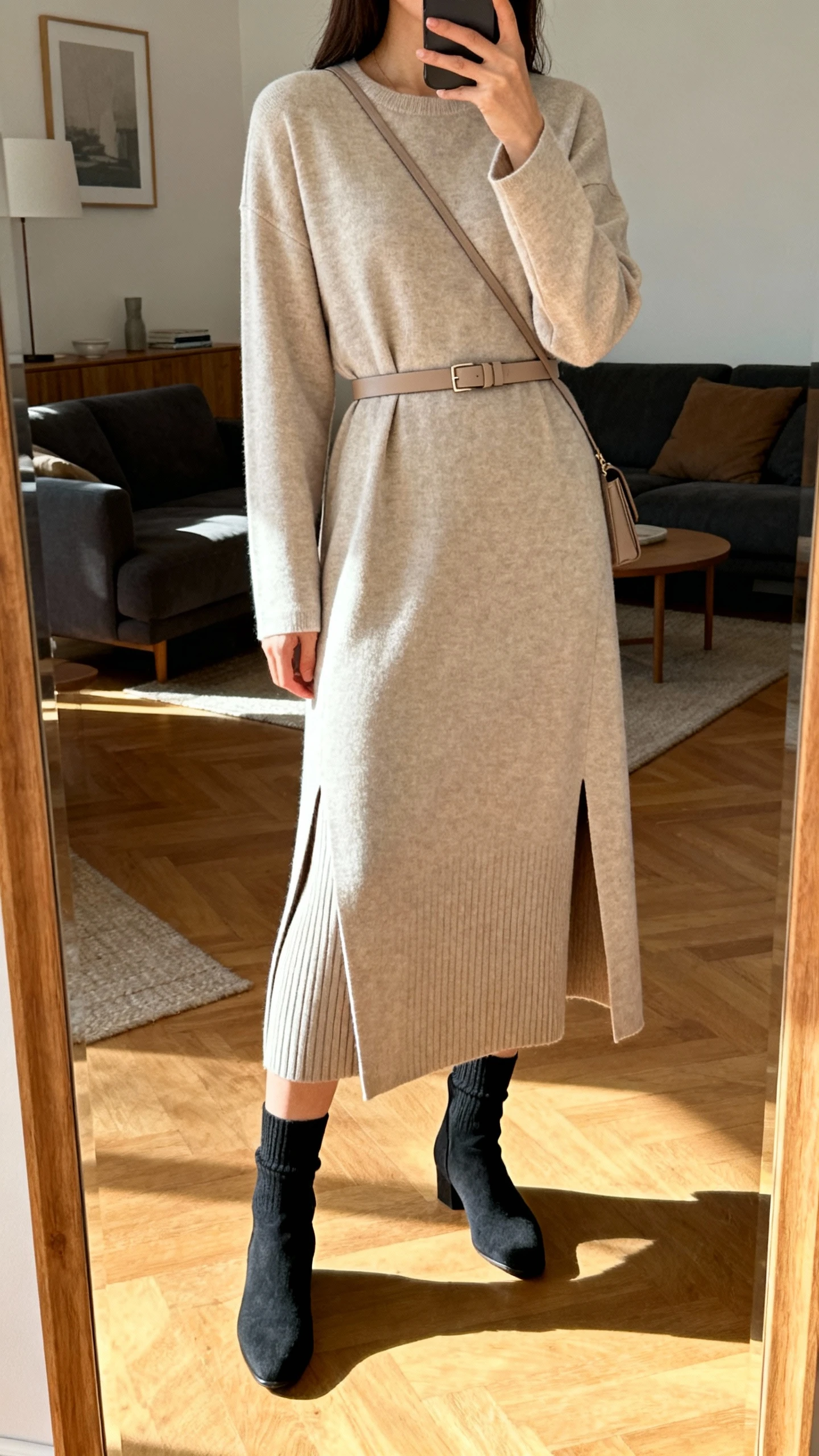 iPhone mirror selfie of a woman wearing a longline tunic with side slits and a column midi skirt (ribbed), sleek sock boots, a narrow tonal waist-cinching belt, and a minimal crossbody; face not visible, cropped at neck, living room mirror, warm indoor lighting, iPhone photo quality.