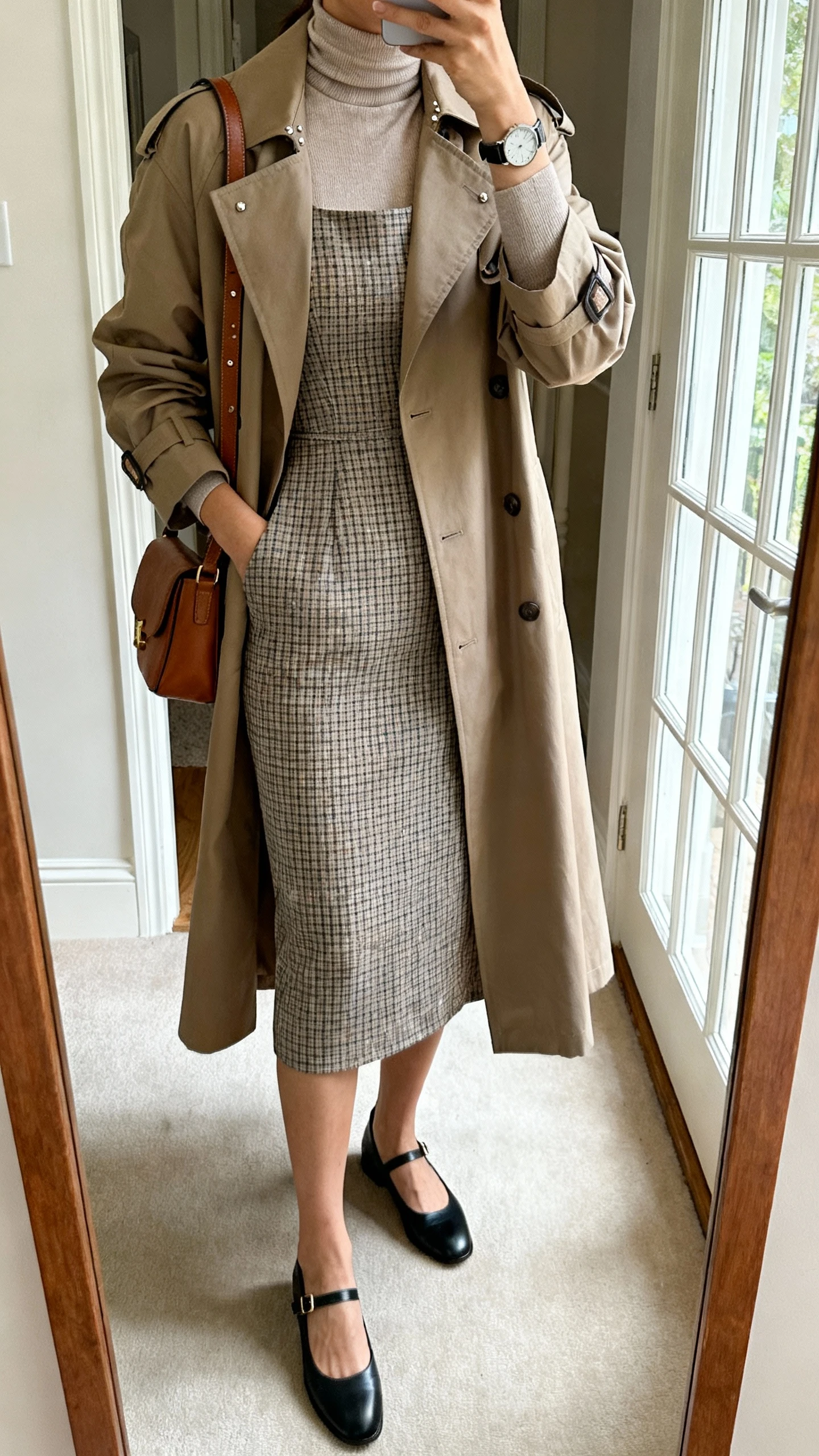 iPhone mirror selfie of a woman wearing a micro-check midi dress with a fitted bodice and gentle skirt, a longline trench, sleek Mary Janes, a fine turtleneck layered underneath, minimal studs, a leather shoulder bag, and a classic watch; face not visible, cropped at neck, entryway mirror, soft window light, iPhone photo quality.