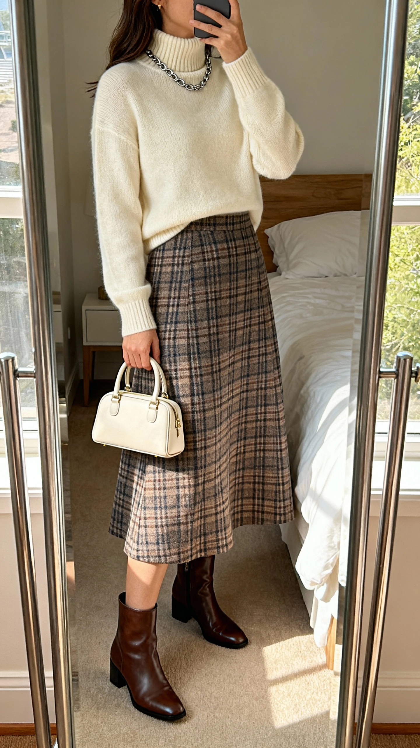 iPhone mirror selfie of a woman wearing a mid-calf plaid A-line midi skirt, fine-gauge cream mock-neck sweater, polished ankle boots, simple chain necklace, and a structured mini top-handle bag; face not visible, side angle, bedroom mirror, soft afternoon window light, iPhone photo quality.