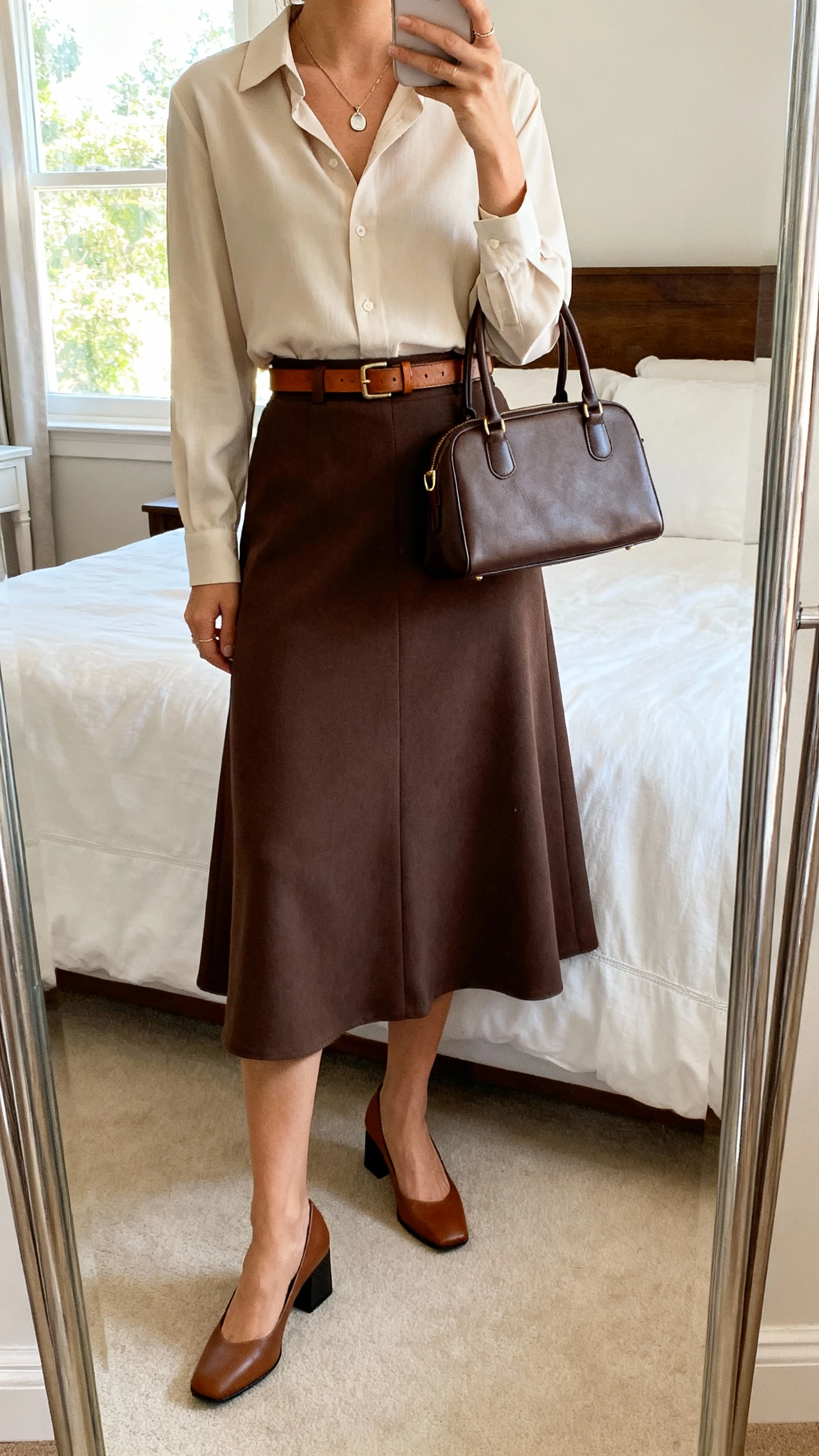 iPhone mirror selfie of a woman wearing a midi A-line skirt with a tucked-in long-sleeve blouse, slim leather belt, low block-heel pumps, delicate pendant necklace, and structured top-handle bag, face not visible, cropped at neck, bedroom mirror, natural window light, iPhone photo quality.