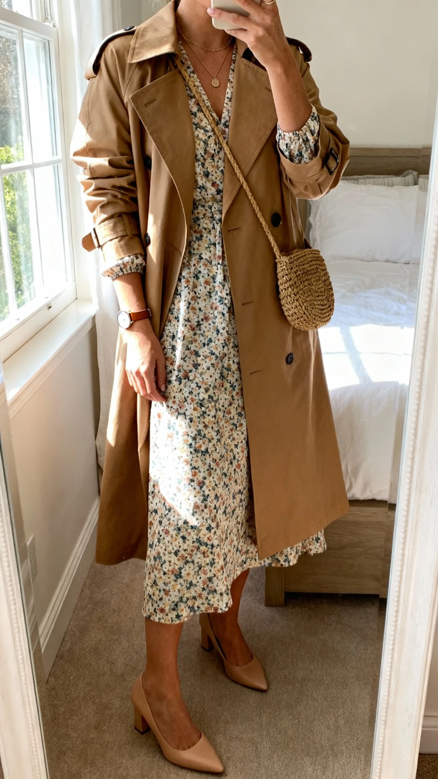 iPhone mirror selfie of a woman wearing a midi floral dress with elbow-length sleeves under a tan trench coat, kitten heels, a thin leather strap watch, a simple pendant, and a woven crossbody, face not visible, cropped at shoulders, bedroom mirror with natural window light, iPhone photo quality.