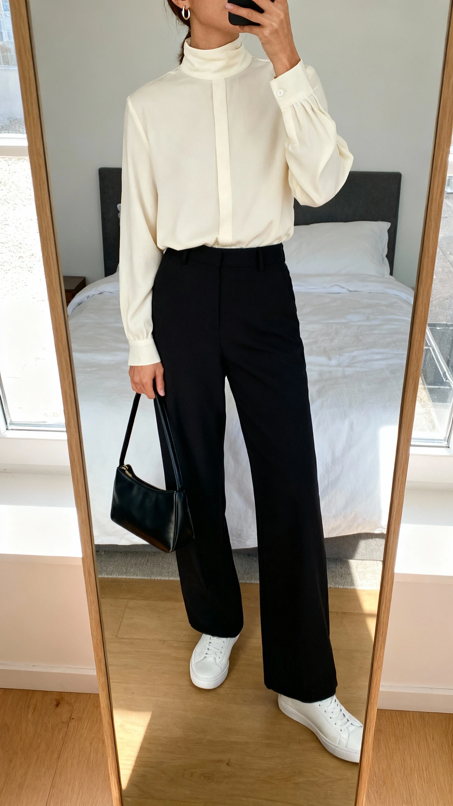 iPhone mirror selfie of a woman wearing a minimalist cream mock-neck blouse tucked into black wide-leg trousers with clean white low-profile sneakers, a slim black leather tote, and tiny hoop earrings, face not visible, cropped at neck, bedroom mirror, bright window light, iPhone photo quality